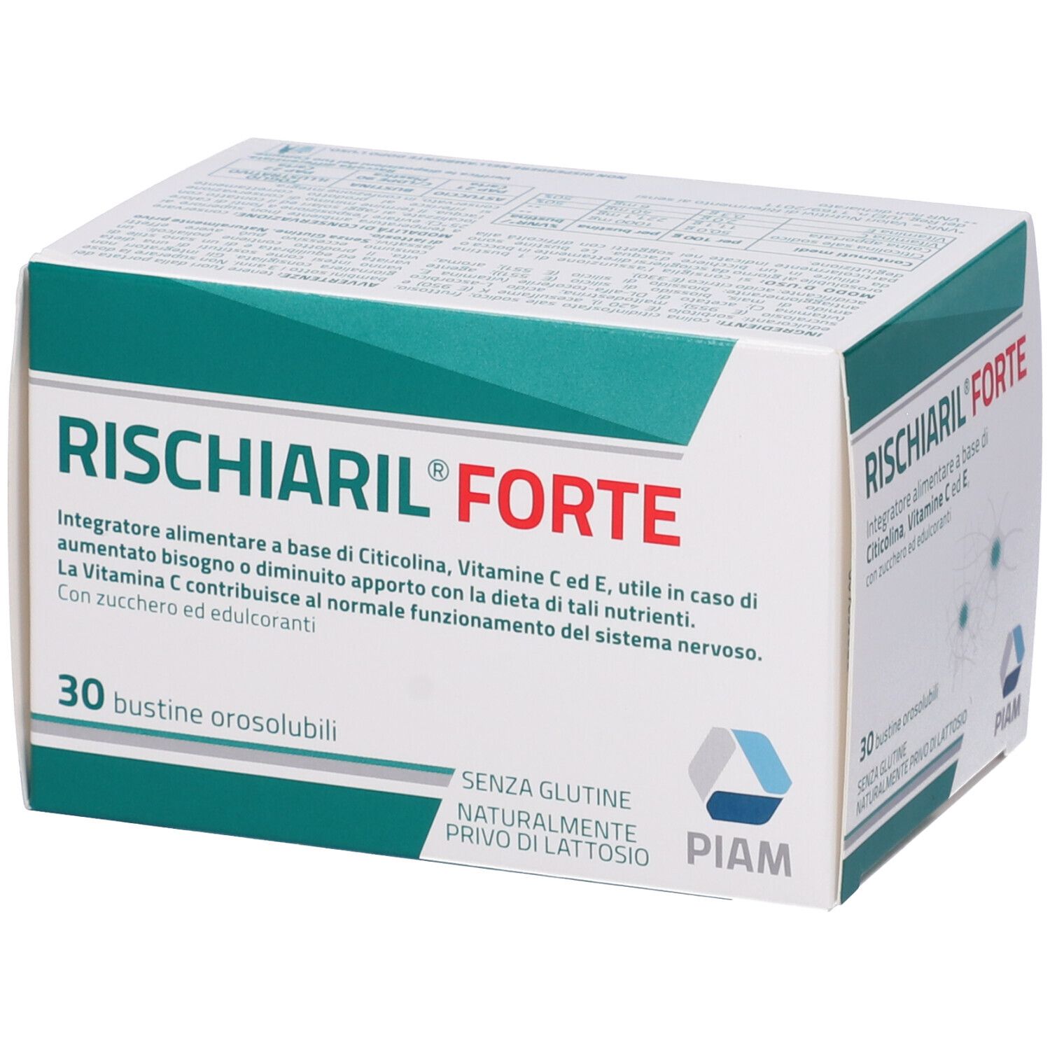 Scatola di RISCHIARIL® Forte. Contiene 30 bustine. Ingredienti: Citicolina, Vitamina C ed E. Marchio PIAM.