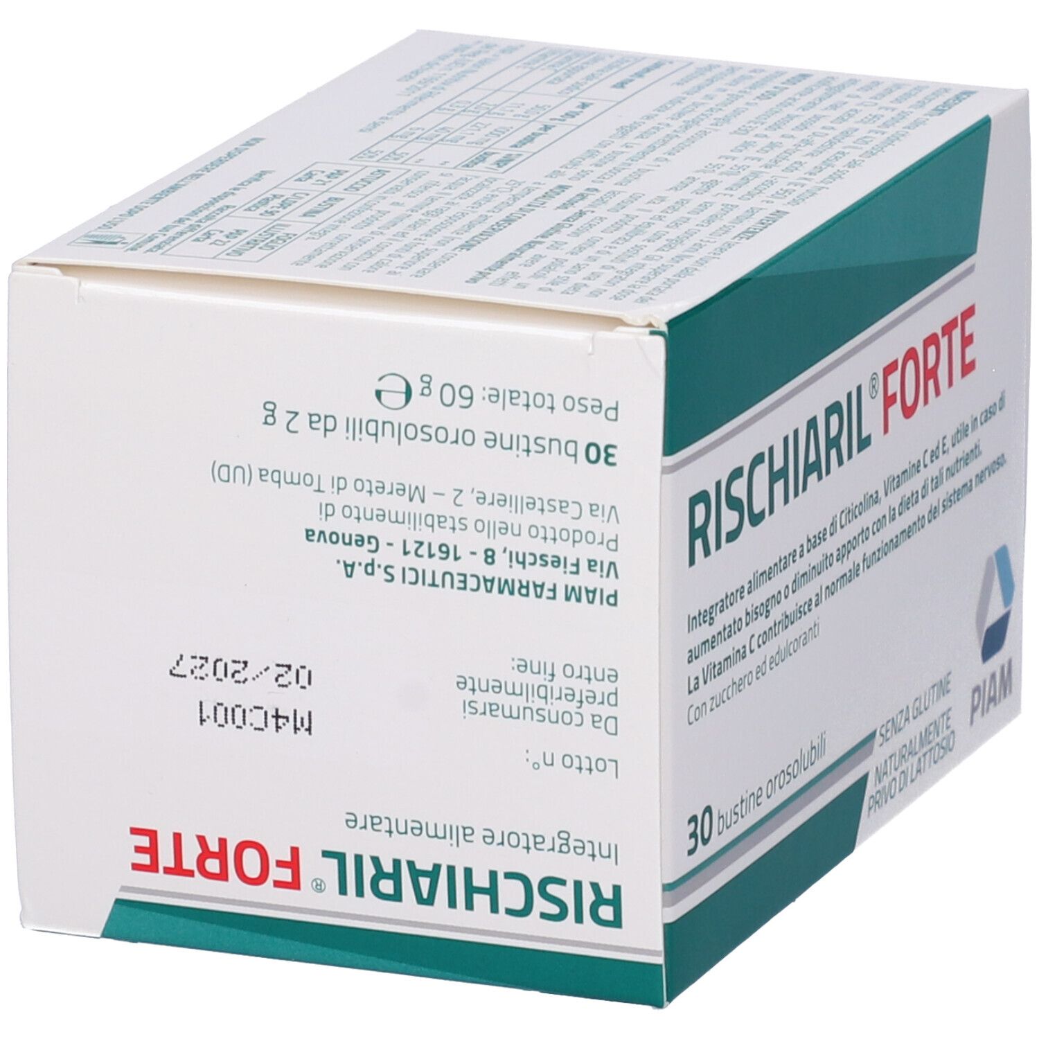 Scatola di RISCHIARIL® Forte. Contiene 30 bustine. Ingredienti: Citicolina, Vitamina C ed E. Marchio PIAM.