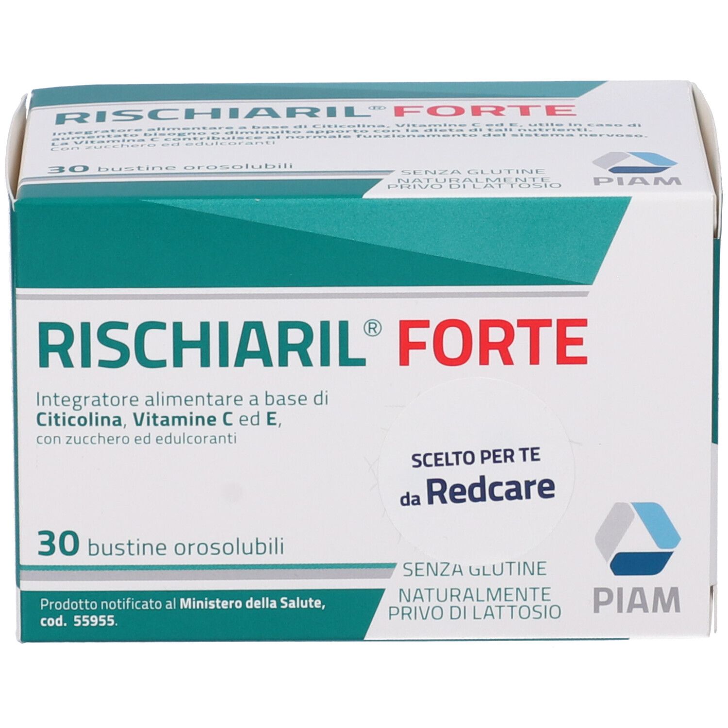 Scatola di RISCHIARIL® Forte. Contiene 30 bustine. Ingredienti: Citicolina, Vitamina C ed E. Marchio PIAM.