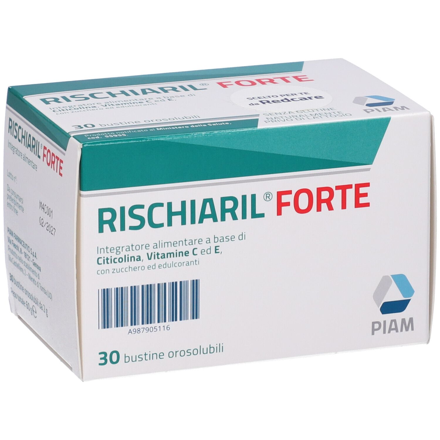 Scatola di RISCHIARIL® Forte. Contiene 30 bustine. Ingredienti: Citicolina, Vitamina C ed E. Marchio PIAM.