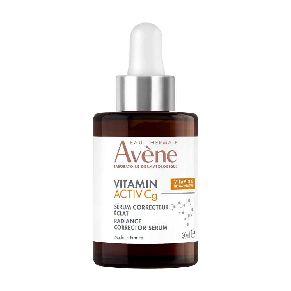 Flacone di vetro marrone con pipetta. Scritta: Eau Thermale Avène, Vitamin Activ Cg, Siero.
