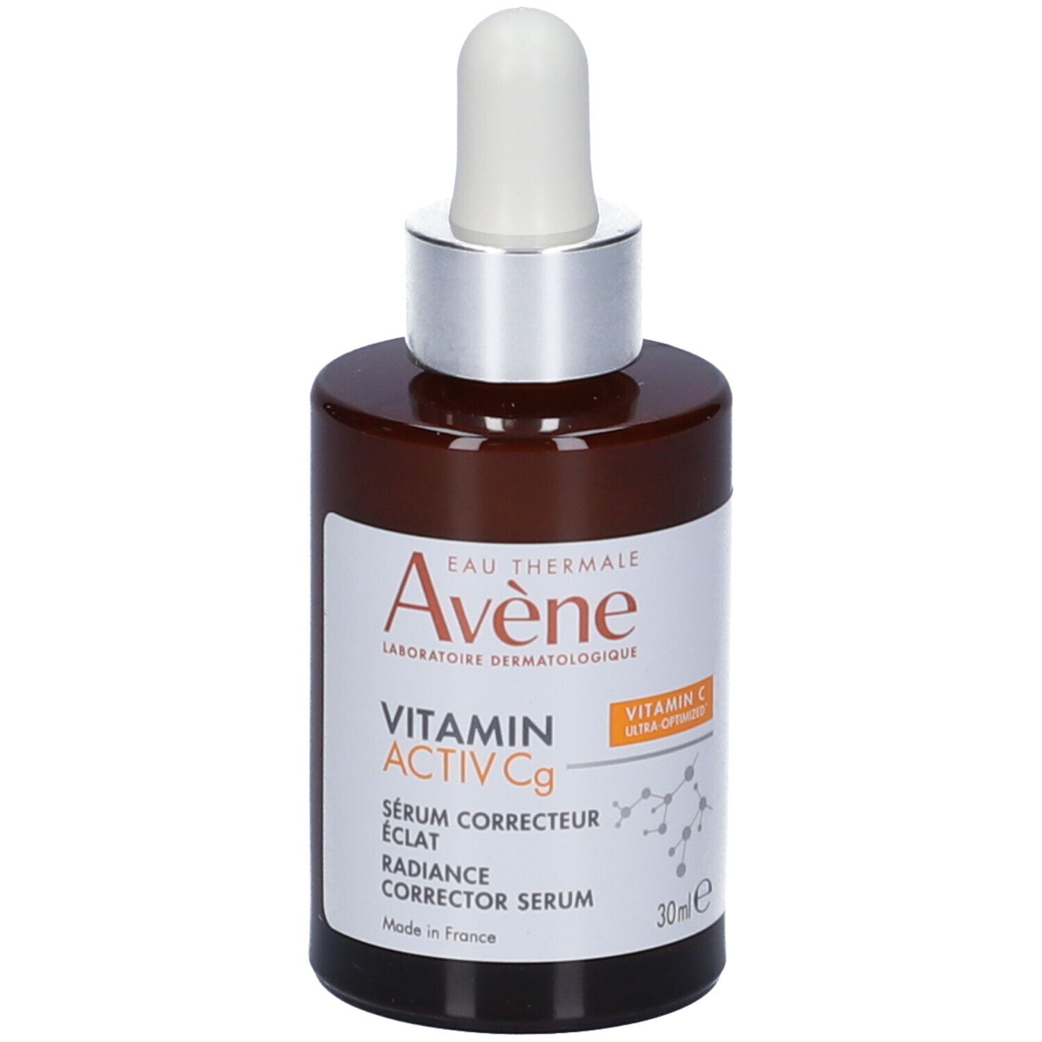 Flacone di vetro marrone con pipetta. Scritta: Eau Thermale Avène, Vitamin Activ Cg, Siero.