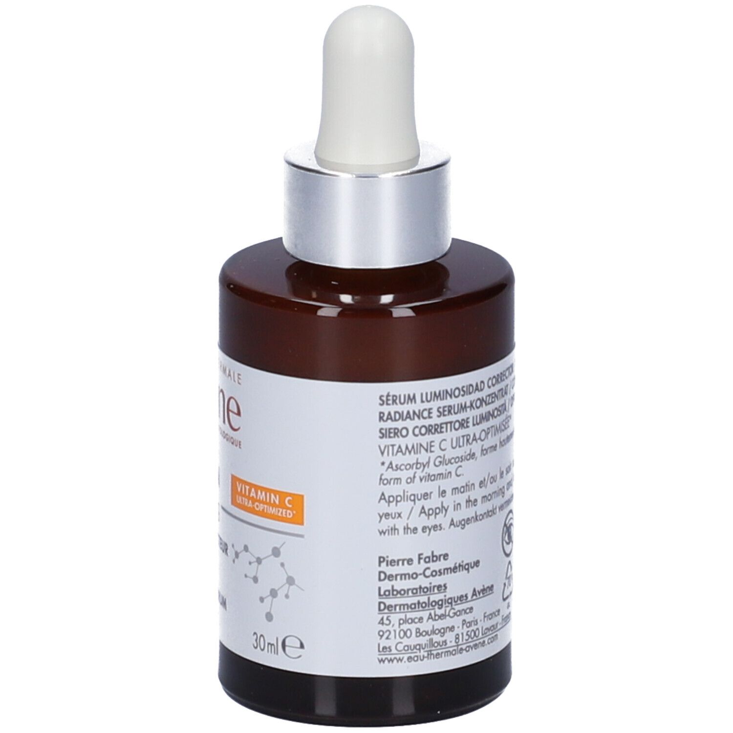 Flacone del prodotto. Scritta: Eau Thermale Avène, Vitamin Activ Cg, Siero.