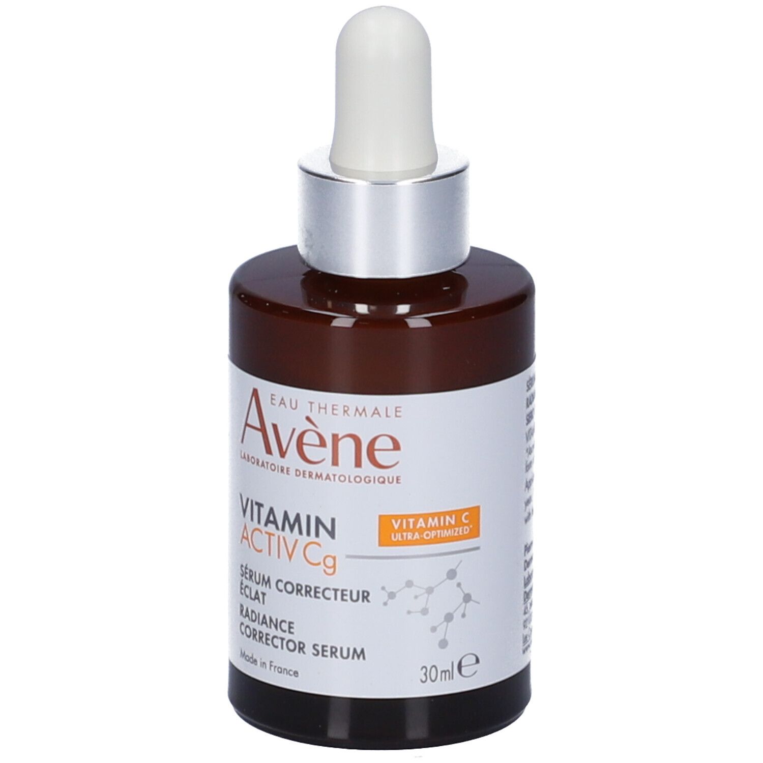 Flacone del prodotto. Scritta: Eau Thermale Avène, Vitamin Activ Cg, Siero.