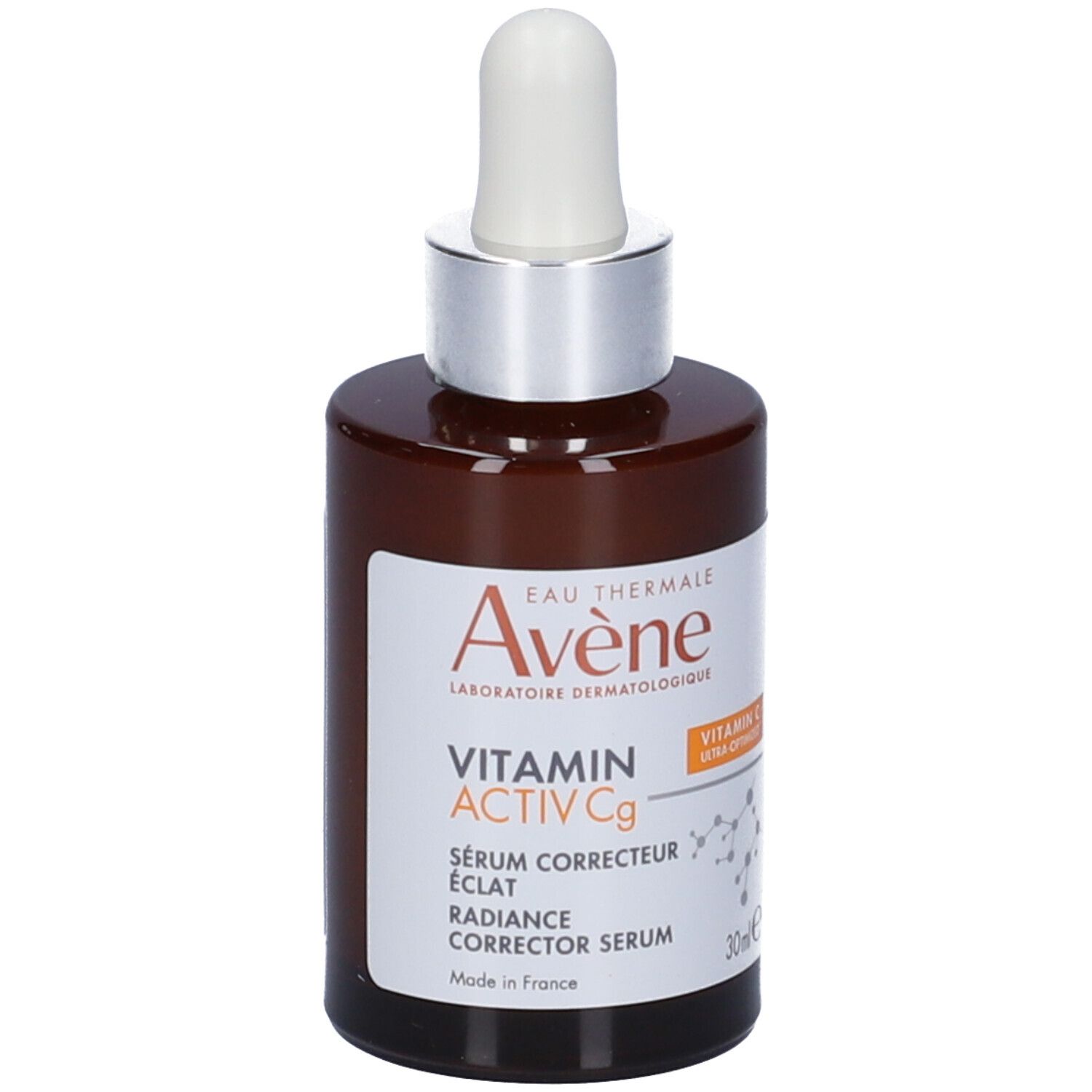 Flacone e confezione. Scritta: Eau Thermale Avène, Vitamin Activ Cg, Siero.