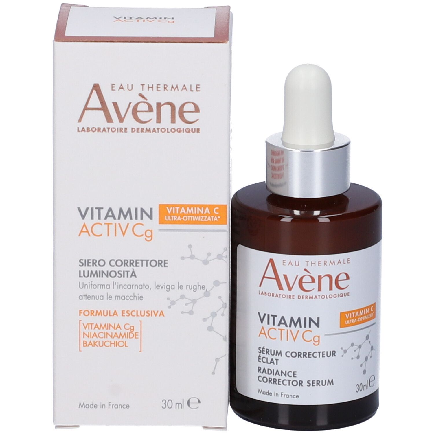 Confezione del prodotto. Scritta: Eau Thermale Avène, Vitamin Activ Cg, Siero.