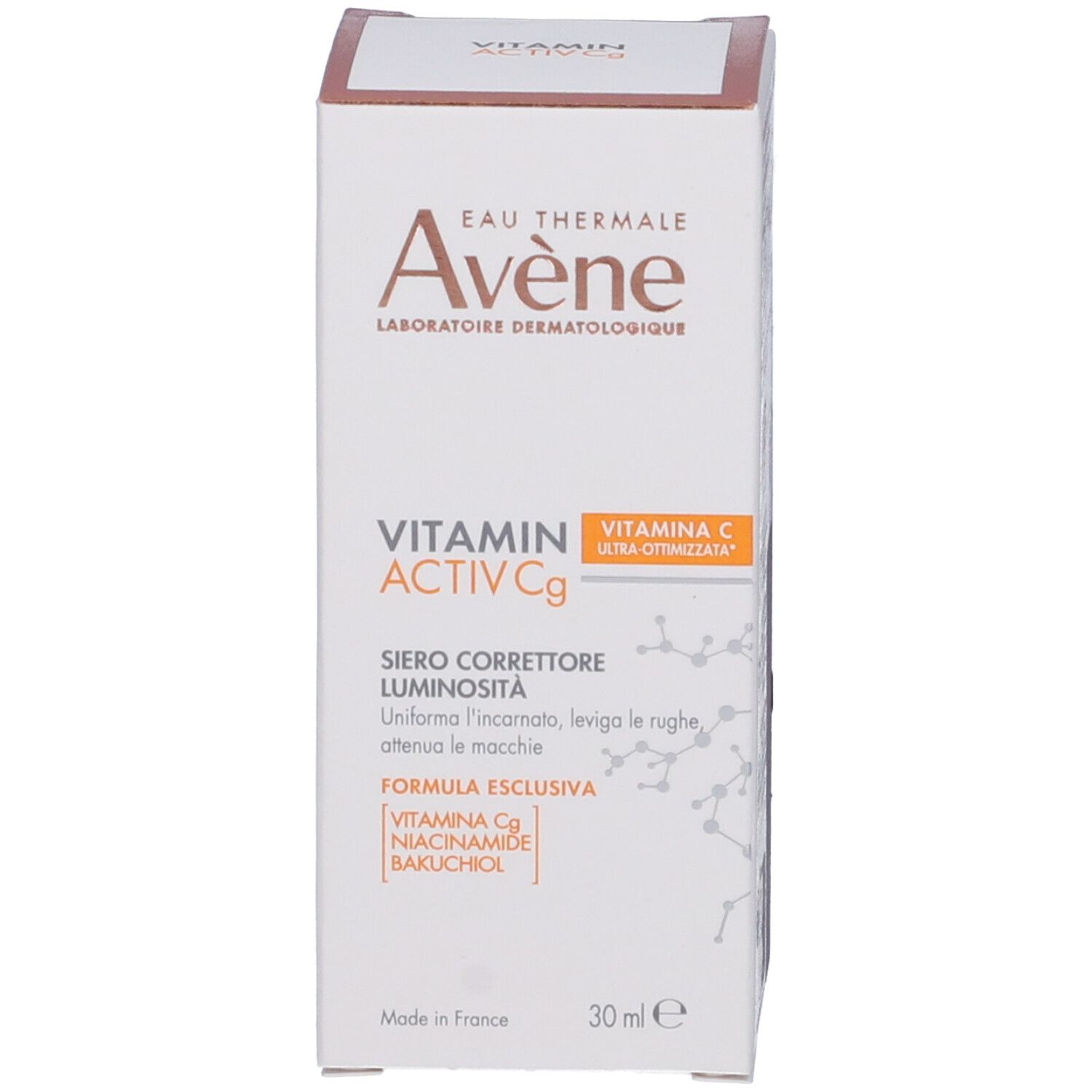 Confezione del prodotto. Scritta: Eau Thermale Avène, Vitamin Activ Cg, Siero.