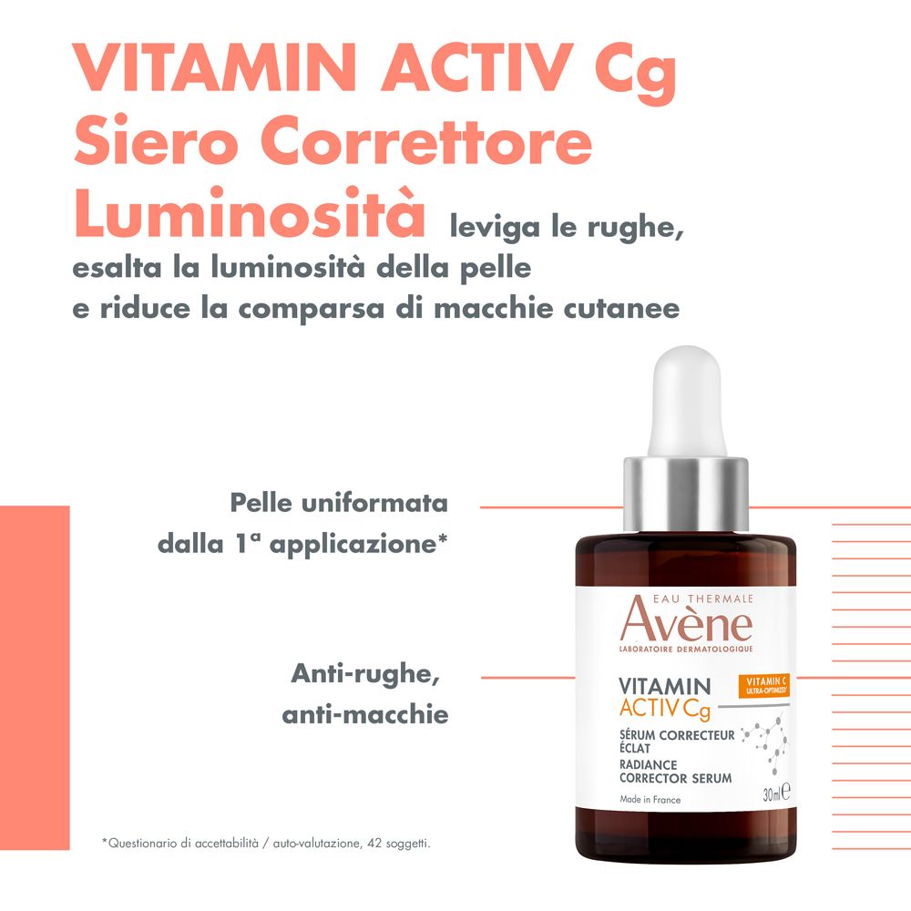 Flacone e testo. Testo: Vitamin Activ Cg, Siero Correttore Luminosità. Anti-rughe, anti-macchie.