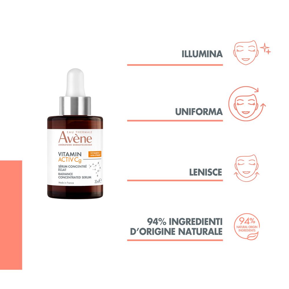 Flacone e testo. Testo: Illumina, Uniforma, Lenisce. 94% ingredienti di origine naturale.