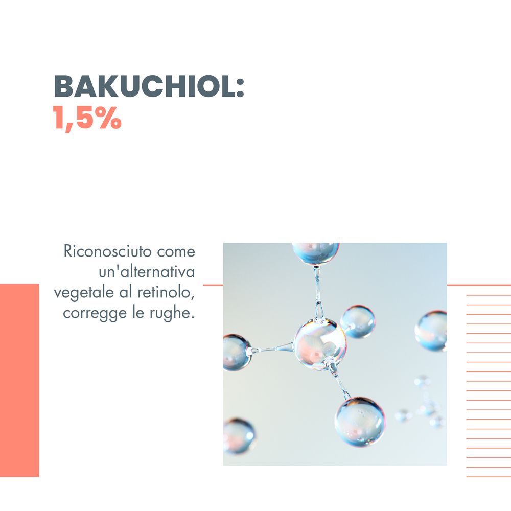 Struttura molecolare. Testo: Bakuchiol: 1,5%. Alternativa vegetale al retinolo, corregge le rughe.
