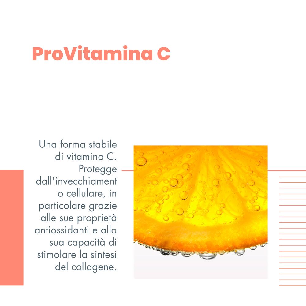 Primo piano di un'arancia. Testo: ProVitamina C. Protegge dall'invecchiamento cutaneo, stimola la sintesi del collagene.