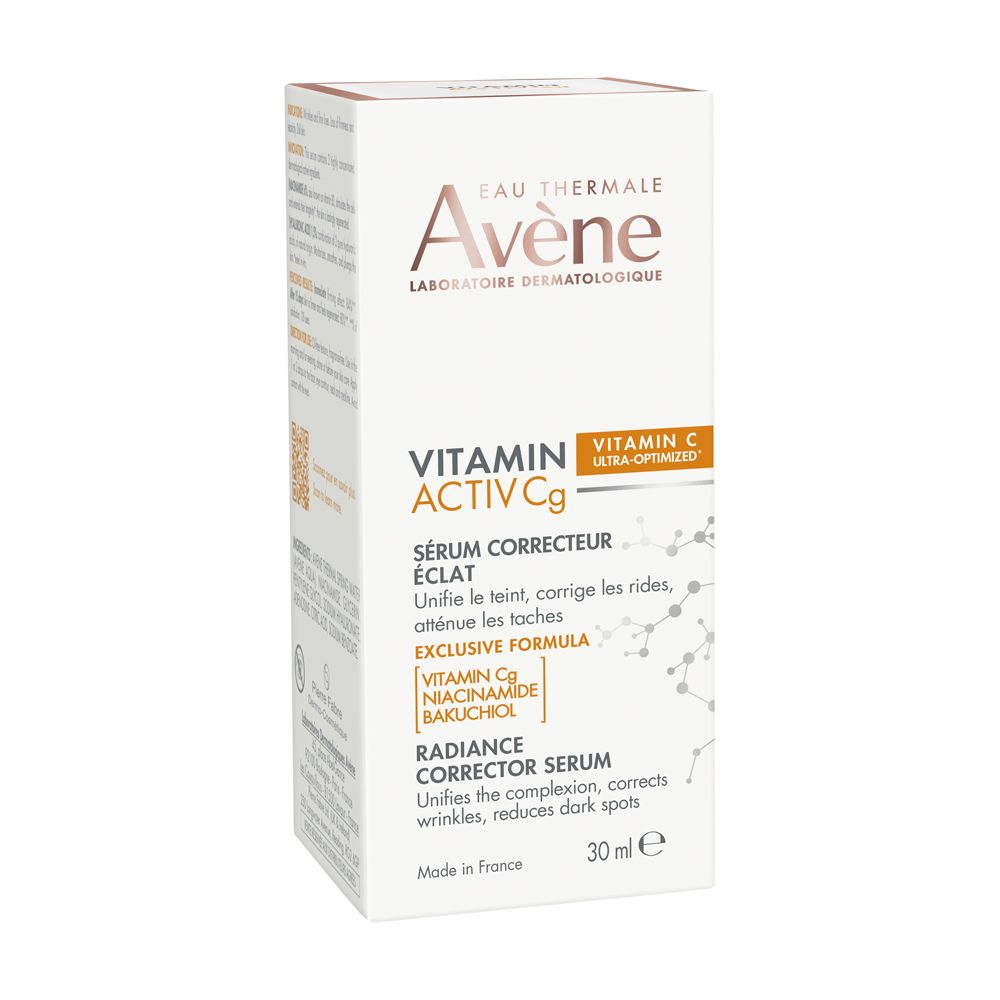 Confezione del prodotto. Scritta: Eau Thermale Avène, Vitamin Activ Cg, Siero.