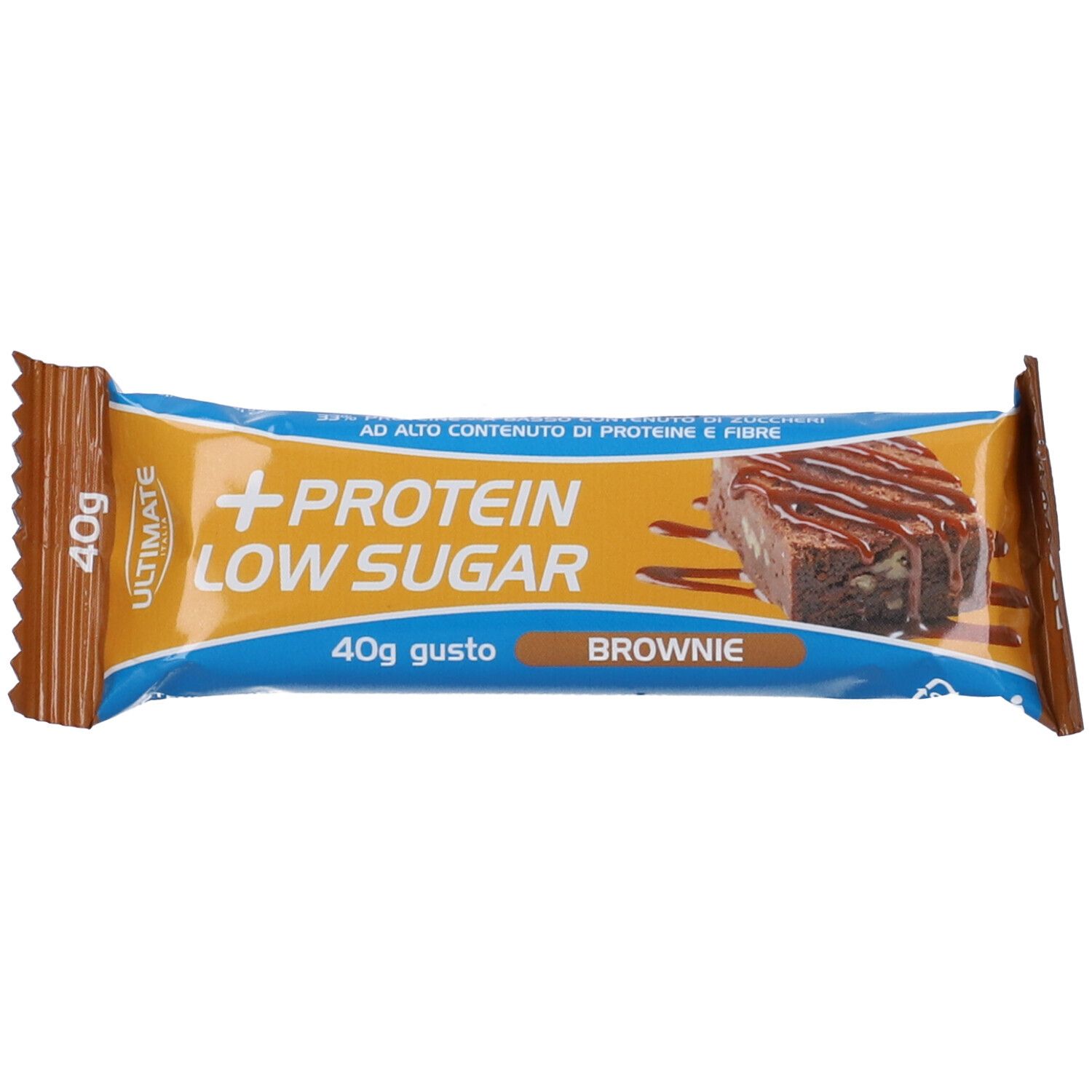 Barretta proteica Low Sugar Brownie. Confezione blu e marrone. Testo e immagine del prodotto sulla confezione.