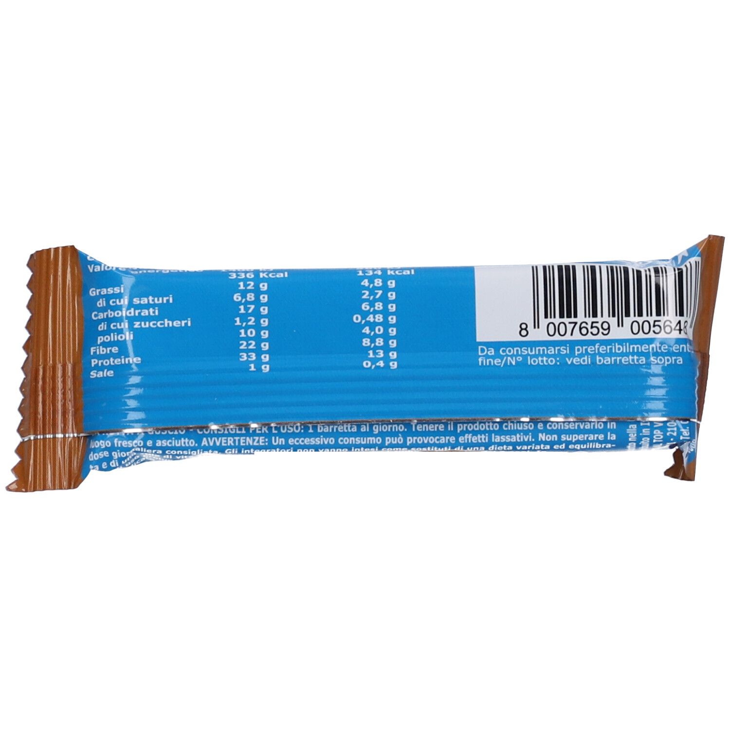 Retro della confezione Barretta proteica Low Sugar Brownie. Informazioni nutrizionali e codice a barre.