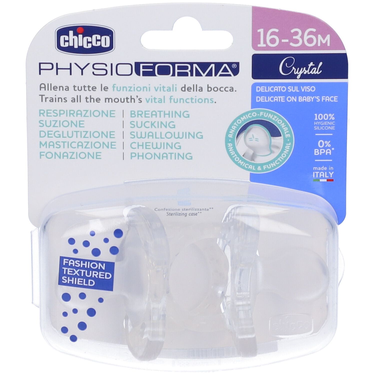 Chicco Succhietti Physioforma Crystal 16-36M, set da 2. Succhietto trasparente in blister. Forma anatomica.