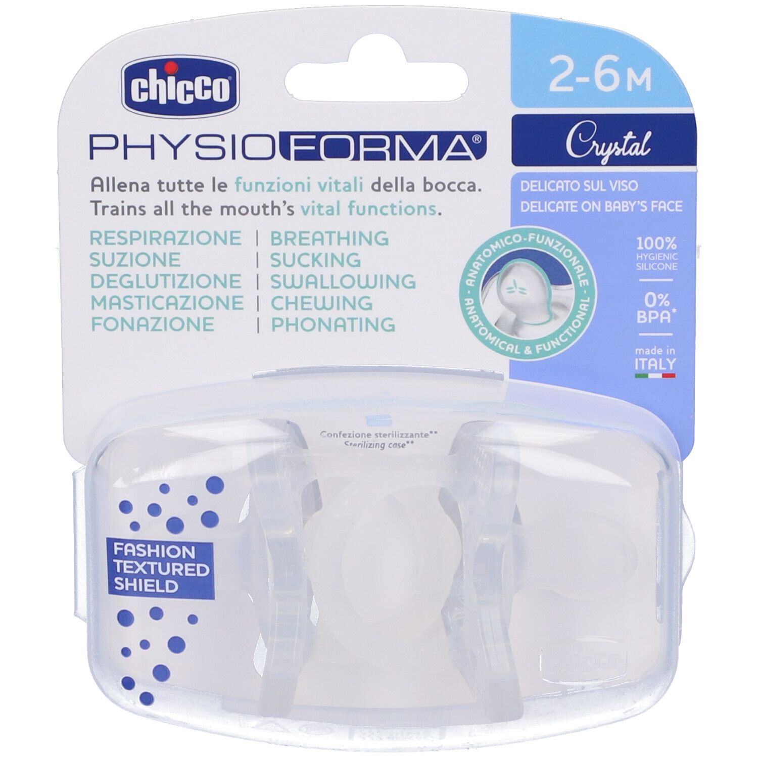 Chicco Physioforma Crystal, 2-6M, succhietti in confezione. Anatomici, senza BPA.