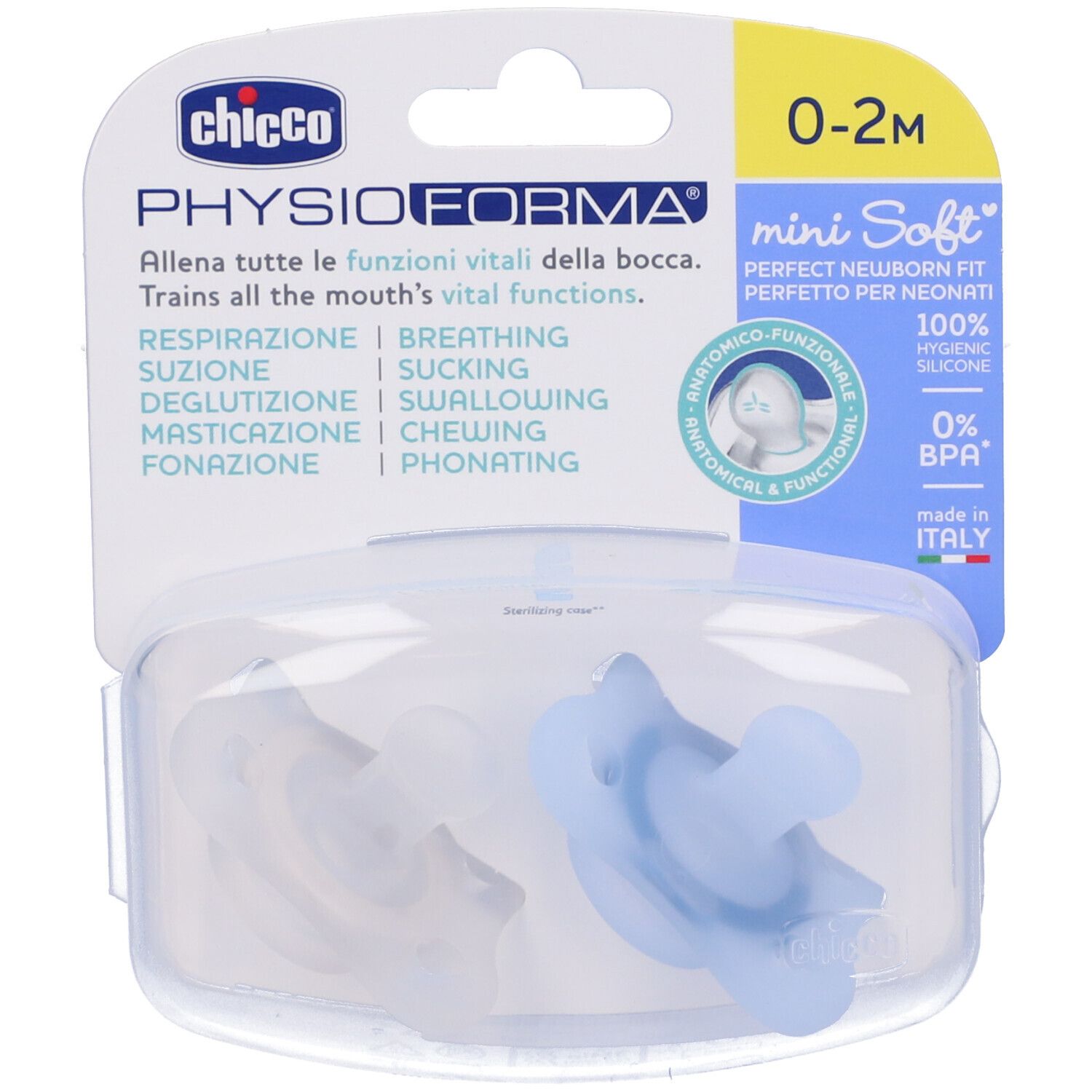 Due ciucci blu in confezione trasparente. Scritta: PhysioForma, 0-2M, Mini Soft.