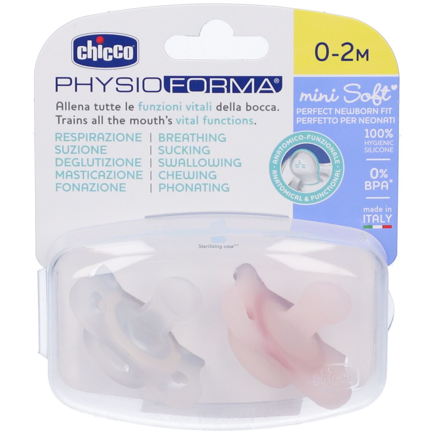 Due succhietti in confezione. Rosa e trasparente. Marca Chicco, modello PhysioForma Mini Soft.