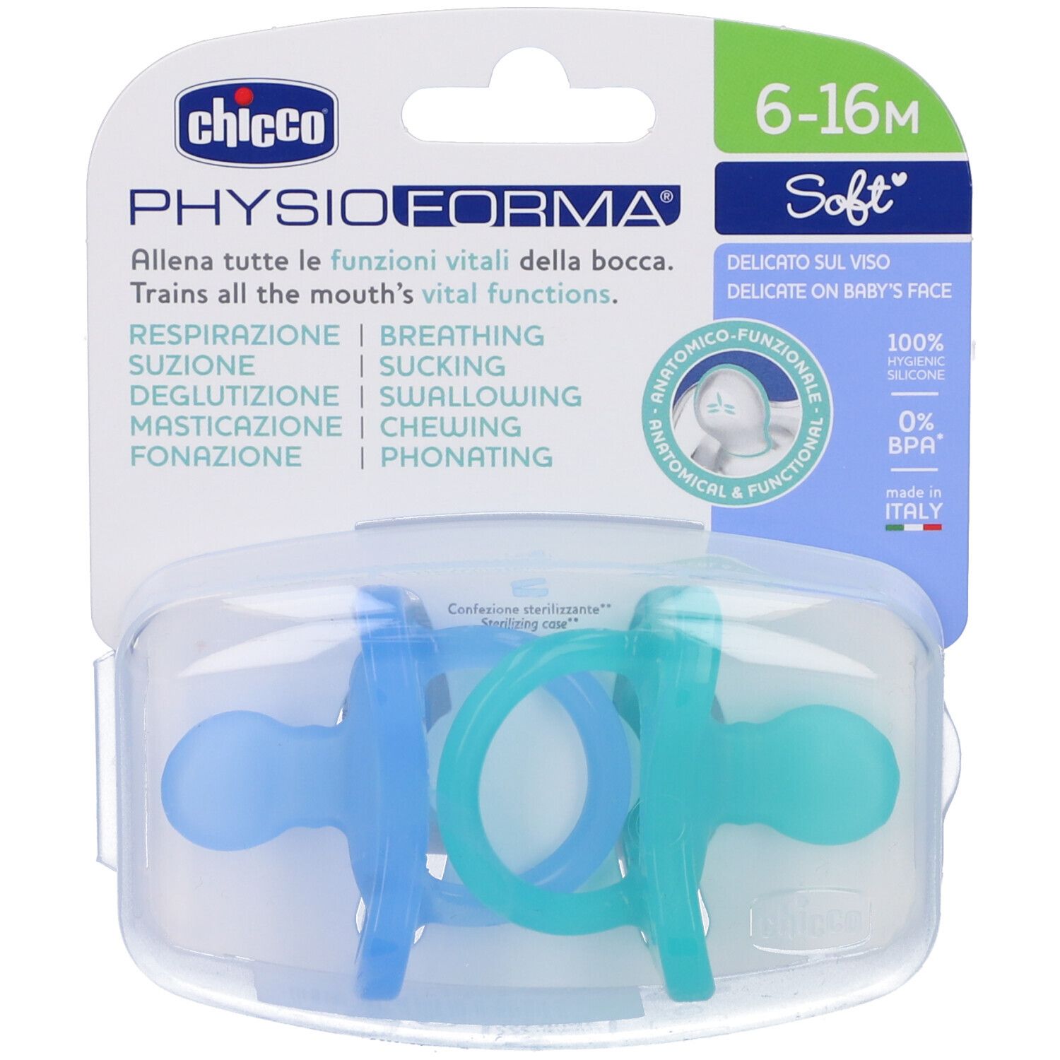 Due succhietti blu e turchese in confezione di plastica. Marchio Chicco, 6-16 mesi, morbido.