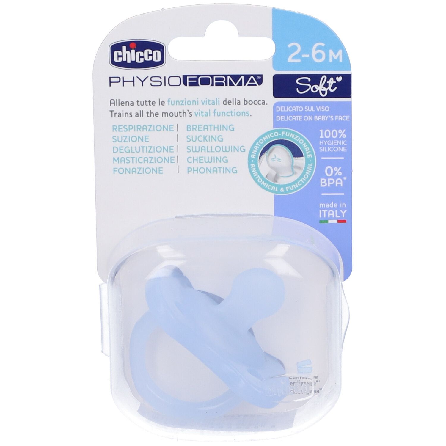 Succhietto blu in confezione trasparente. Scritta: Chicco, PhysioForma, 2-6 M. Silicone morbido.