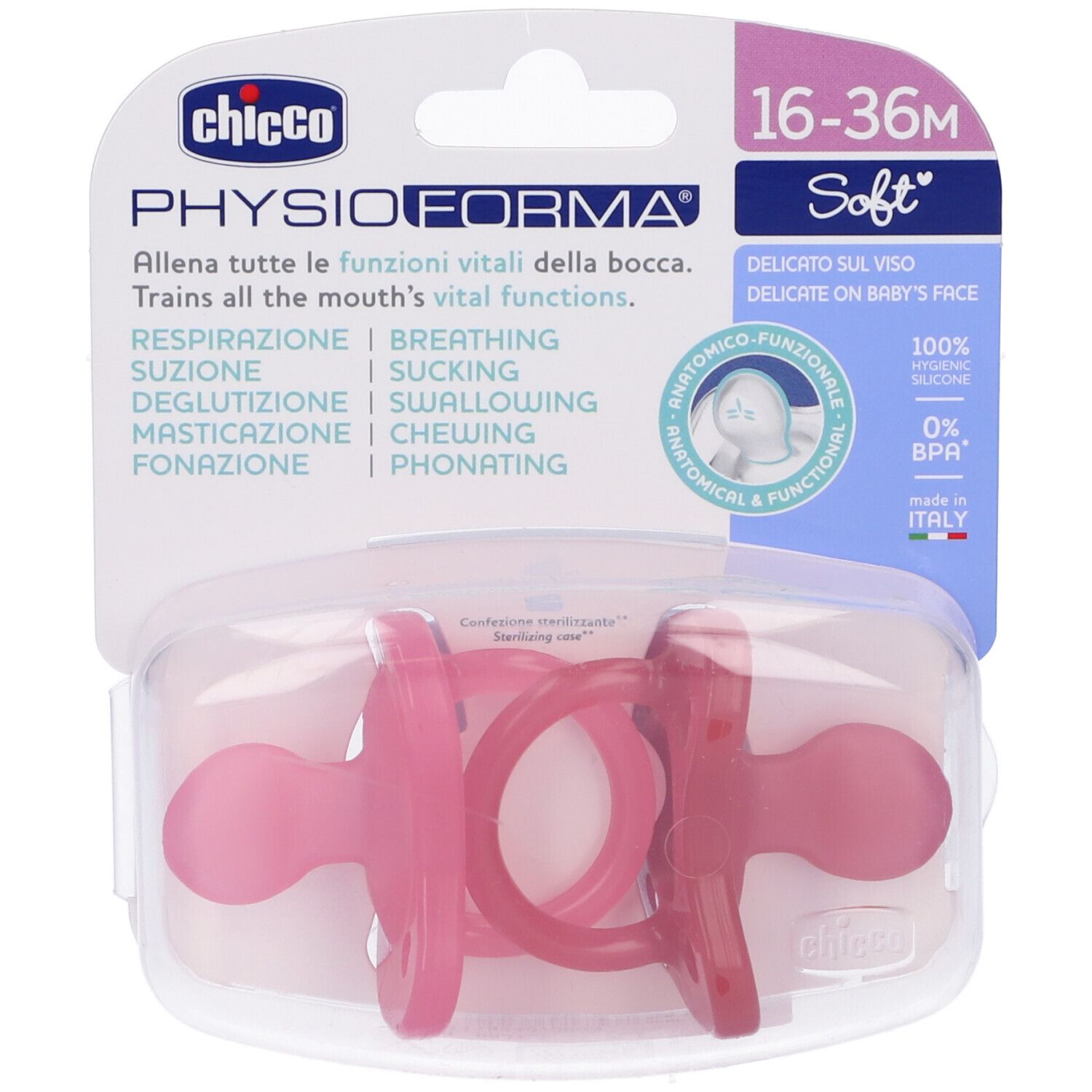 Due succhietti rosa in confezione trasparente. Marchio Chicco, età 16-36M. Forma anatomica.