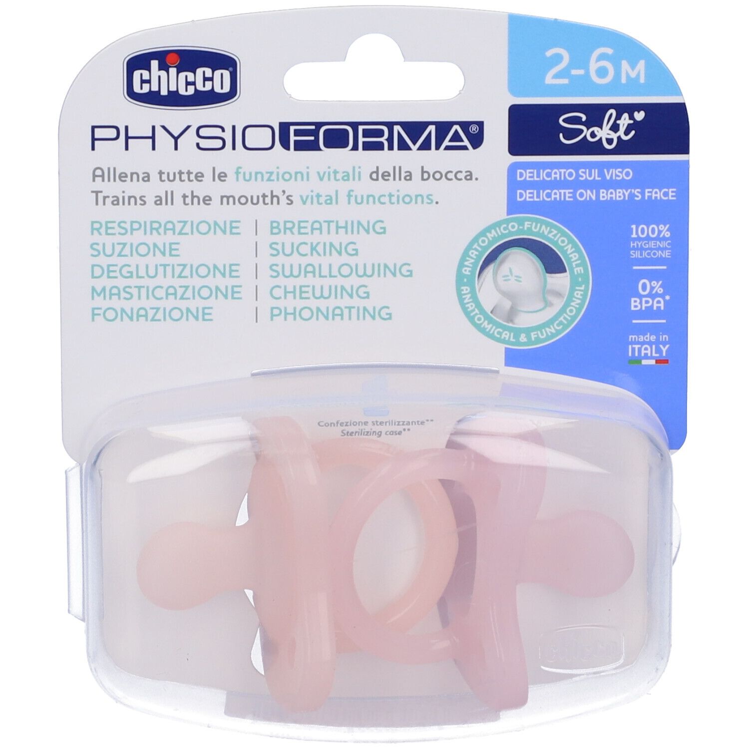 Succhietto rosa in confezione di plastica. Anatomico e funzionale. 2-6 mesi. 0% BPA. Prodotto in Italia.