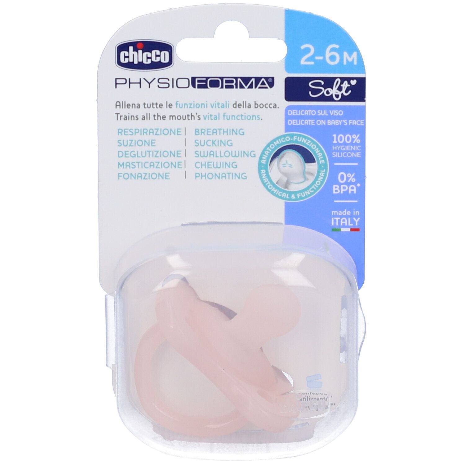 Succhietto rosa in confezione di plastica. Scritte: Chicco, 2-6M, Soft, PhysioForma. Anatomico, 100% silicone igienico.