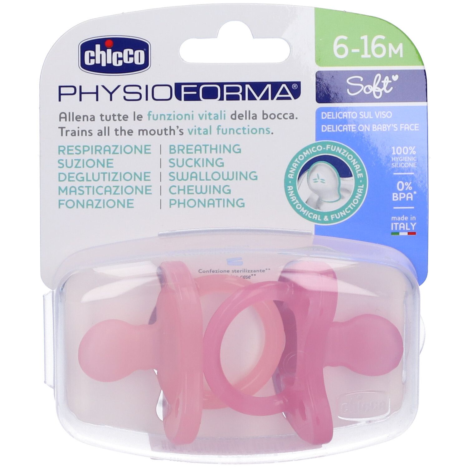 Due succhietti rosa in confezione trasparente. Marchio Chicco, testo PhysioForma, 6-16M, Soft. Anatomico e funzionale.