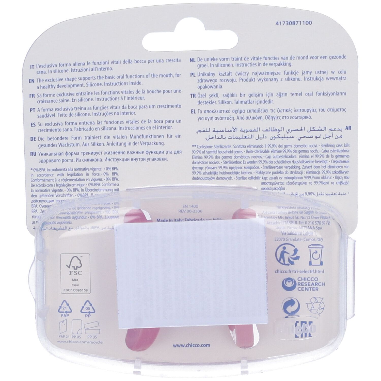 Retro della confezione con due succhietti rosa. Testo: Forma anatomica, silicone, istruzioni. Logo FSC.