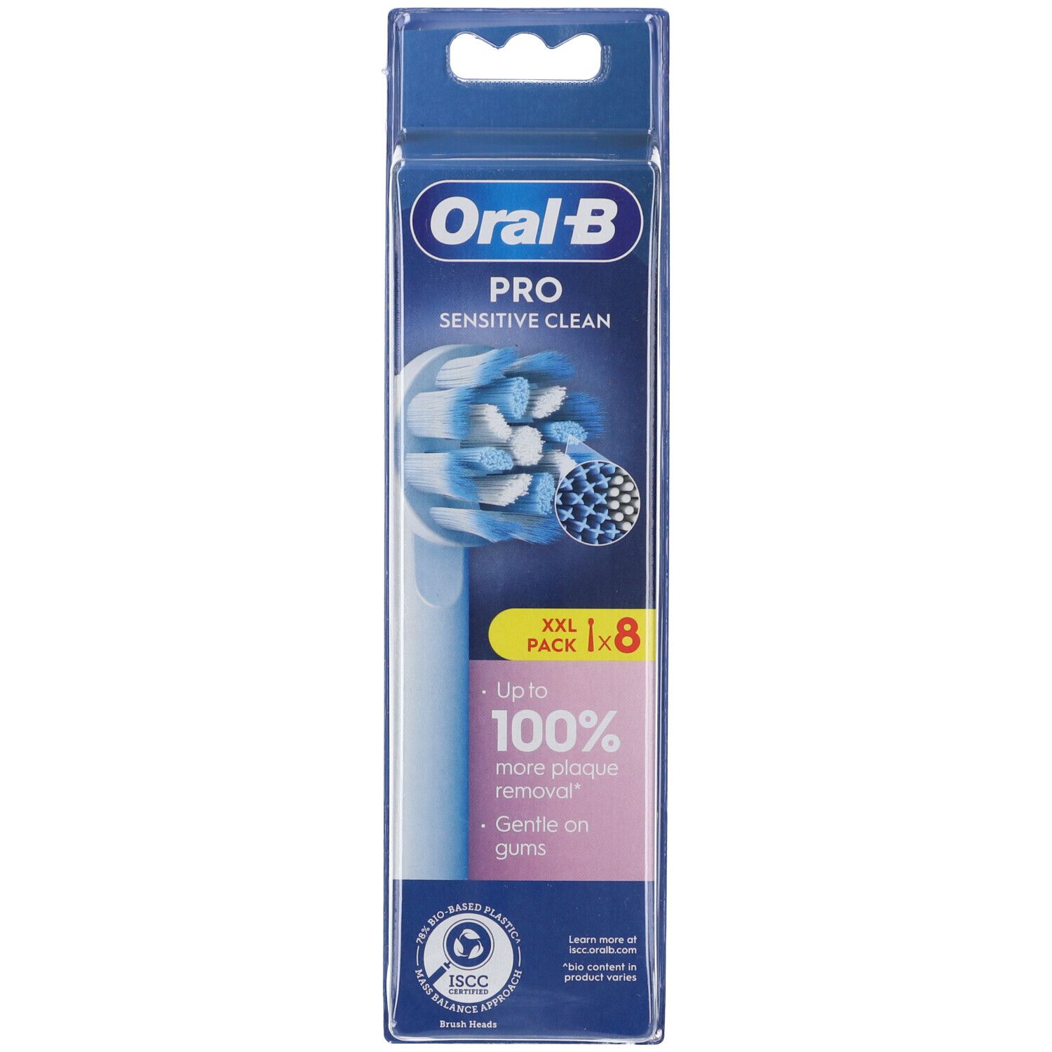 Oral-B Pro Sensitive Clean. Confezione da 8. Testine blu e bianche nella confezione. Caratteristiche visibili.