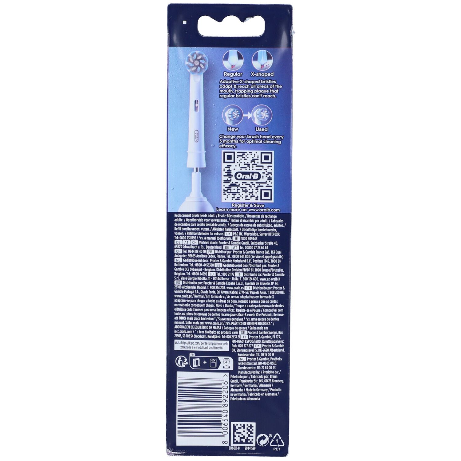 Retro della confezione Oral-B Pro Sensitive Clean. Informazioni sul prodotto e codice QR. Testo multilingue.