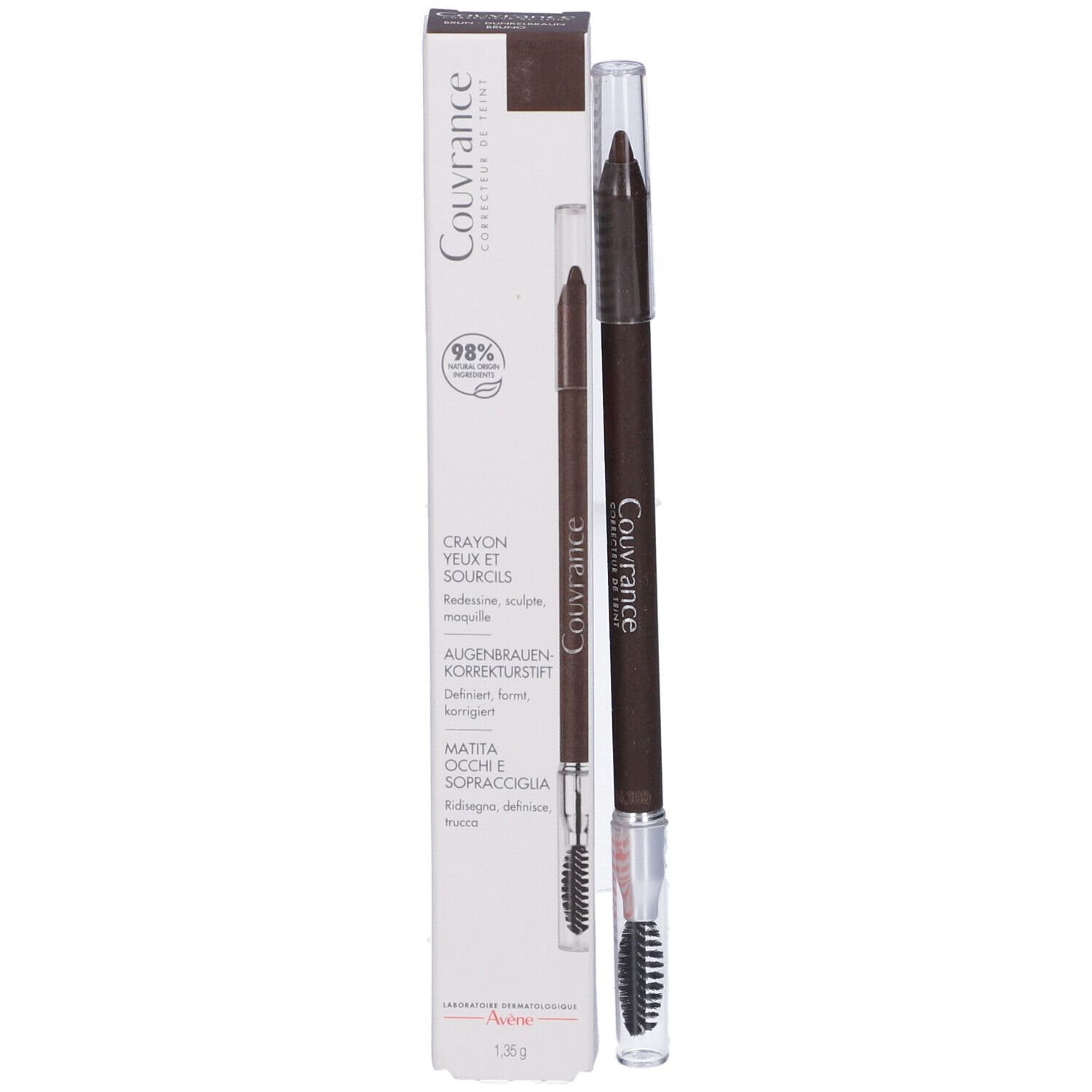 Matita per sopracciglia e confezione. Marchio Couvrance. Testo: Crayon yeux et sourcils.