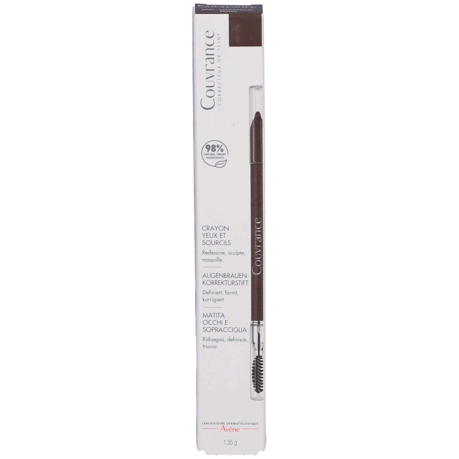 Matita per sopracciglia e confezione. Marchio Couvrance. Testo: Crayon yeux et sourcils.
