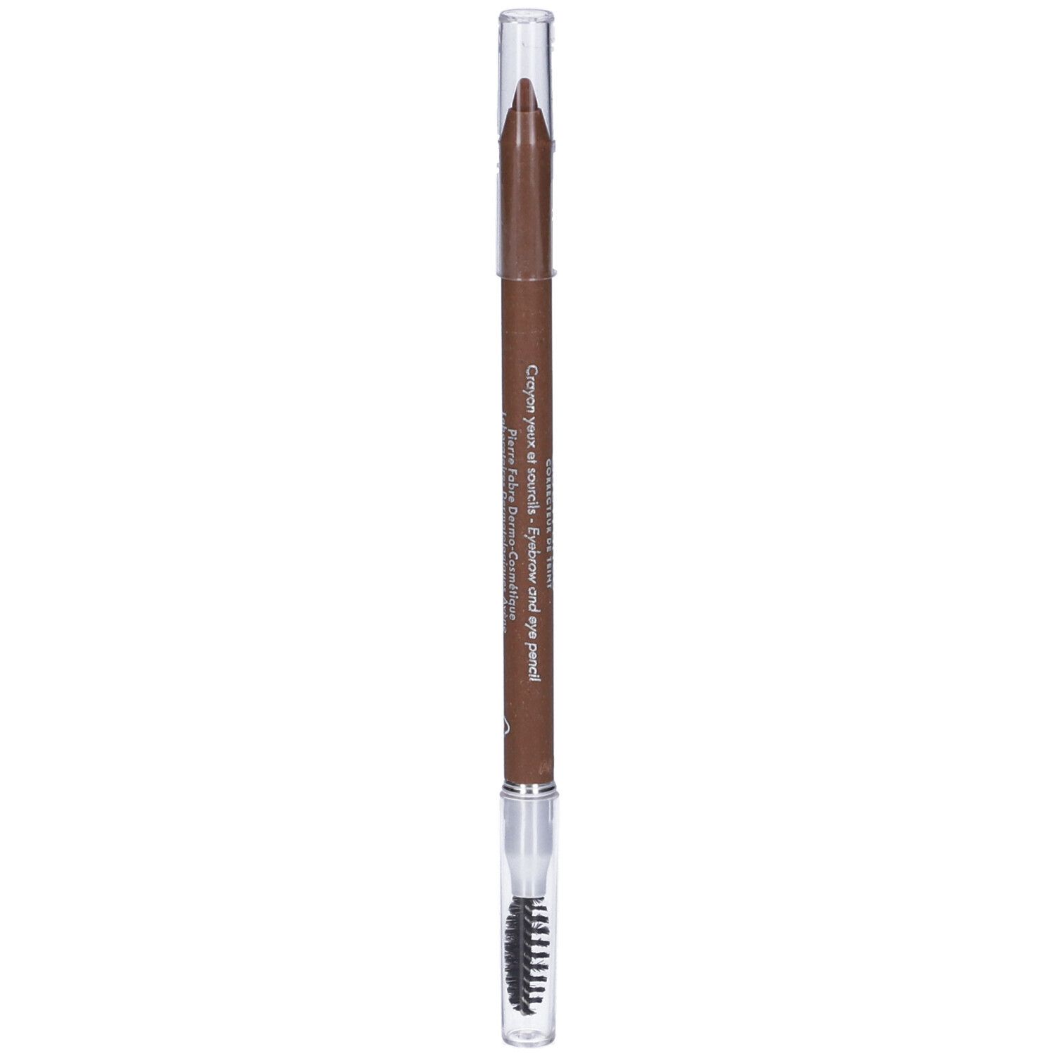 Matita sopracciglia marrone con spazzolina. Testo sulla matita: Crayon yeux et sourcils. Marca Couvrance.