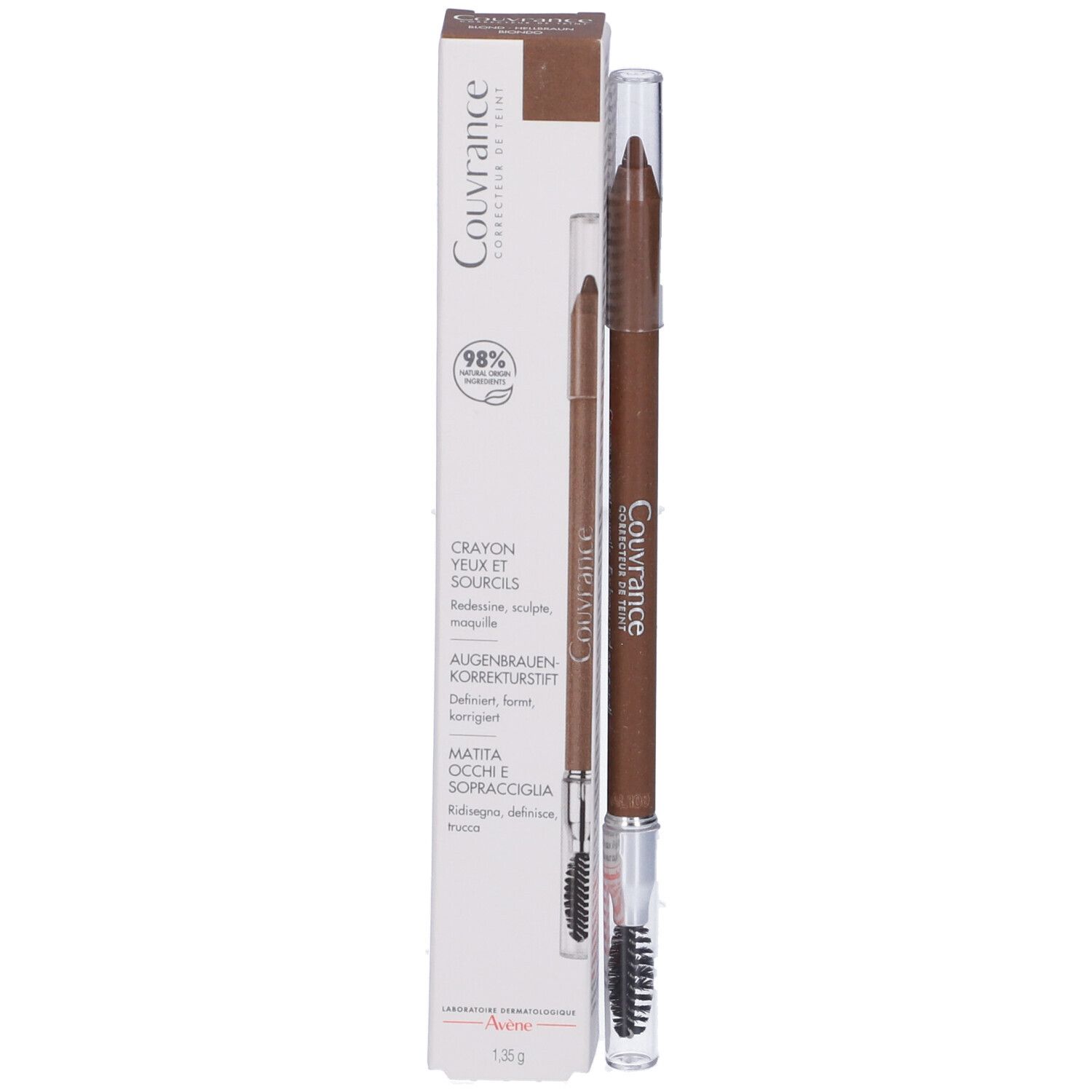 Matita sopracciglia e confezione. Confezione con testo: Crayon yeux et sourcils. Marca Couvrance. 98% naturale.