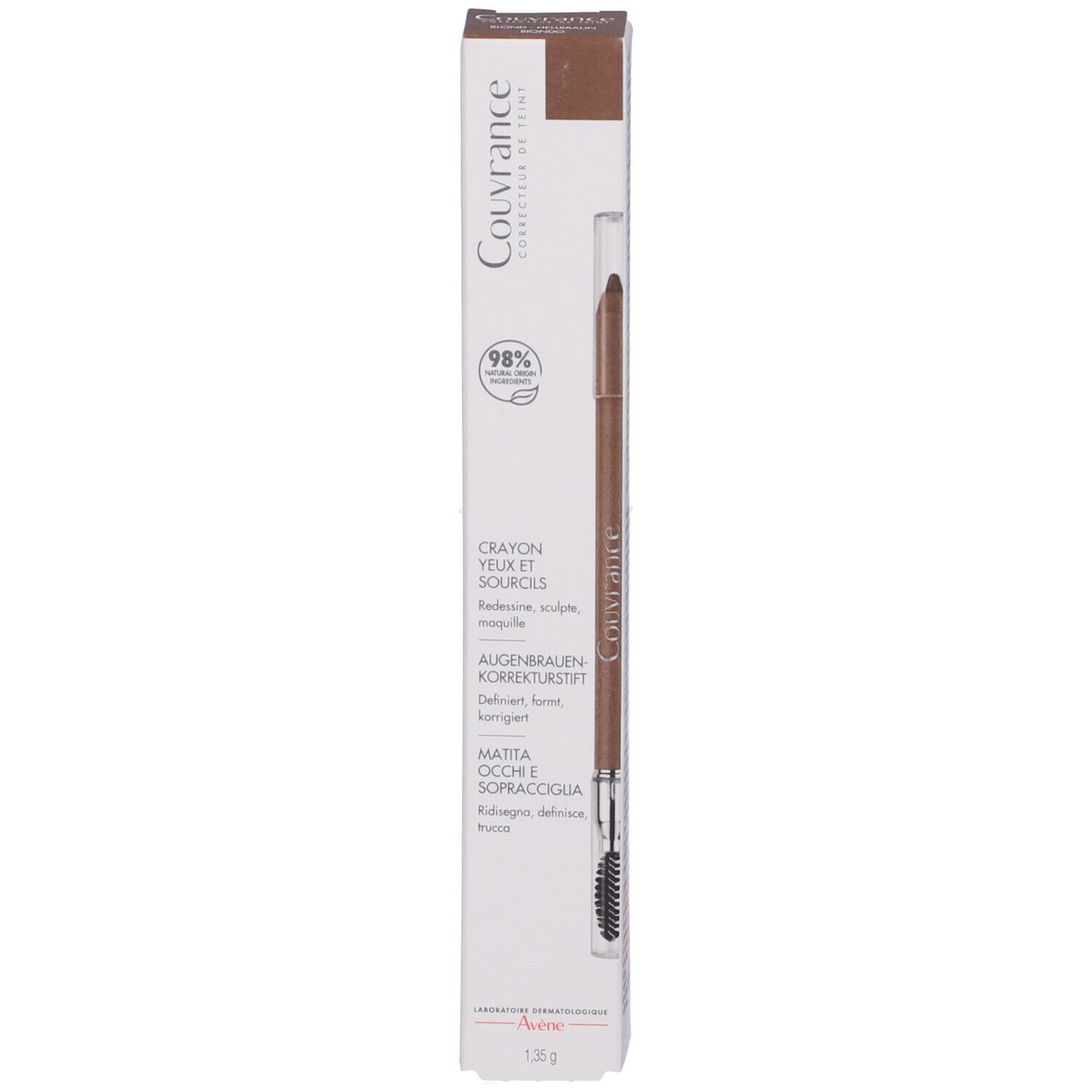 Matita sopracciglia e confezione. Confezione con testo: Crayon yeux et sourcils. Marca Couvrance. 98% naturale.