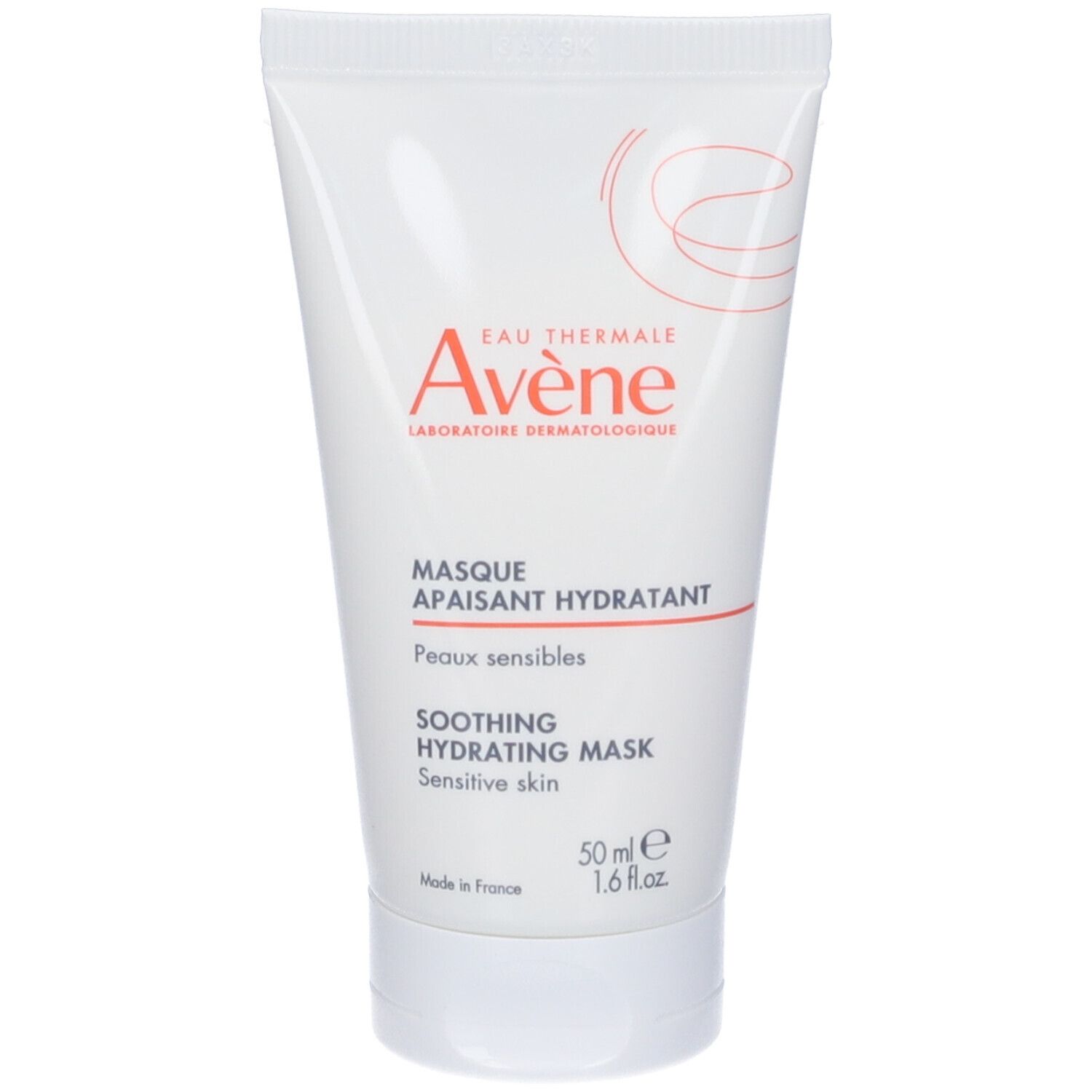 Tubo bianco con testo rosso. "Eau Thermale Avène" e nome del prodotto. "Masque Apaisant Hydratant" e "Sensitive skin".