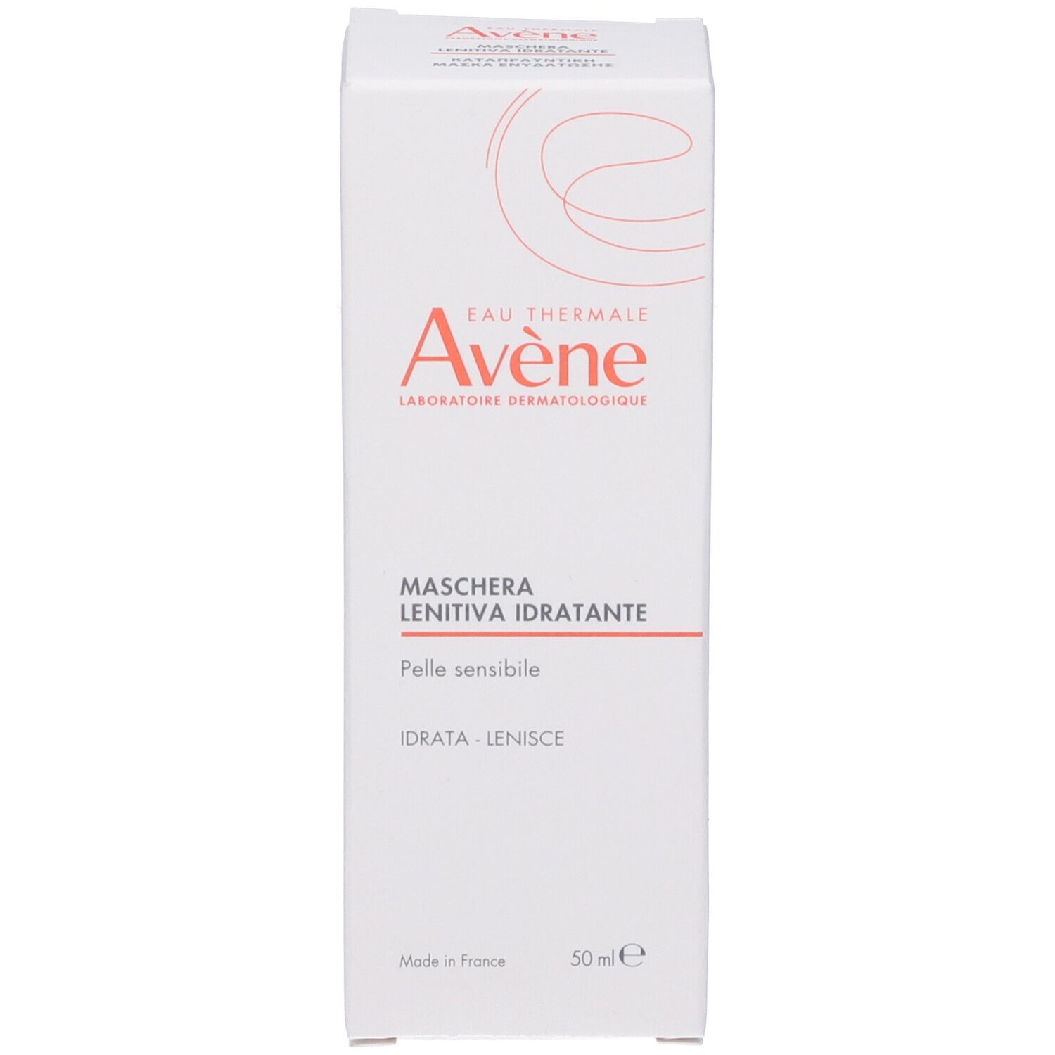 Confezione bianca con testo rosso. "Eau Thermale Avène" e nome del prodotto. "Maschera Lenitiva Idratante".