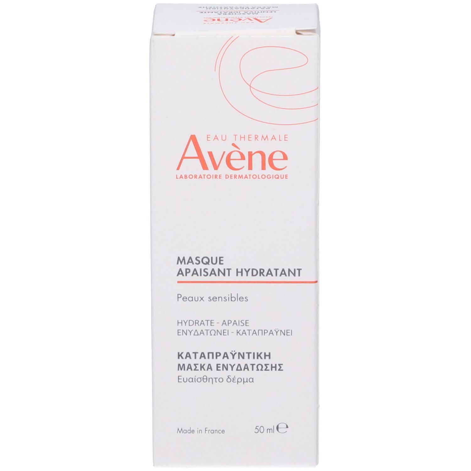 Confezione bianca con testo rosso. Nome del prodotto in più lingue. Marchio "Eau Thermale Avène" visibile.