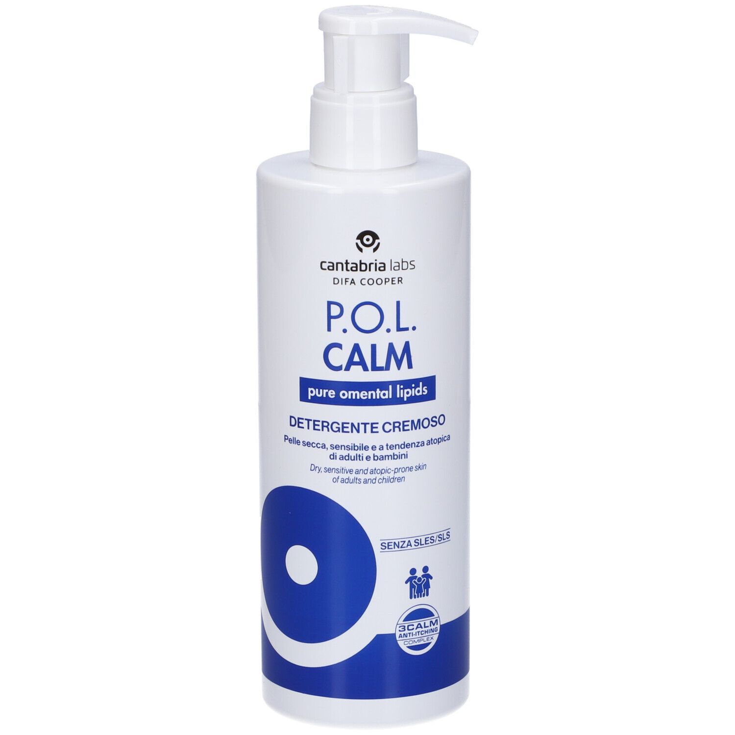 Weiße Pumpeflasche mit P.O.L. CALM pure omental lipids DETERGENTE CREMOSO.