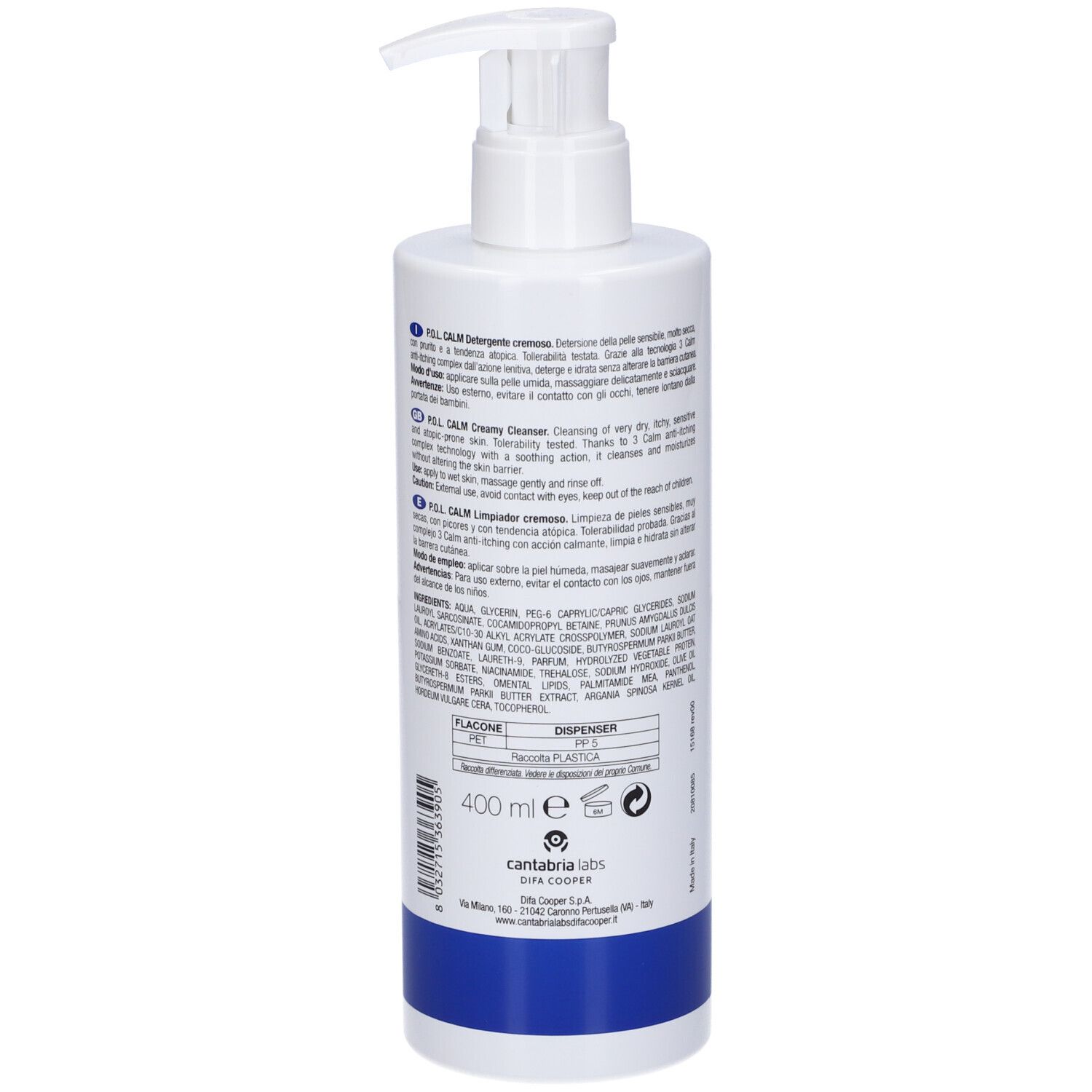 Weiße Pumpflasche mit blauer Banderole, 400 ml.