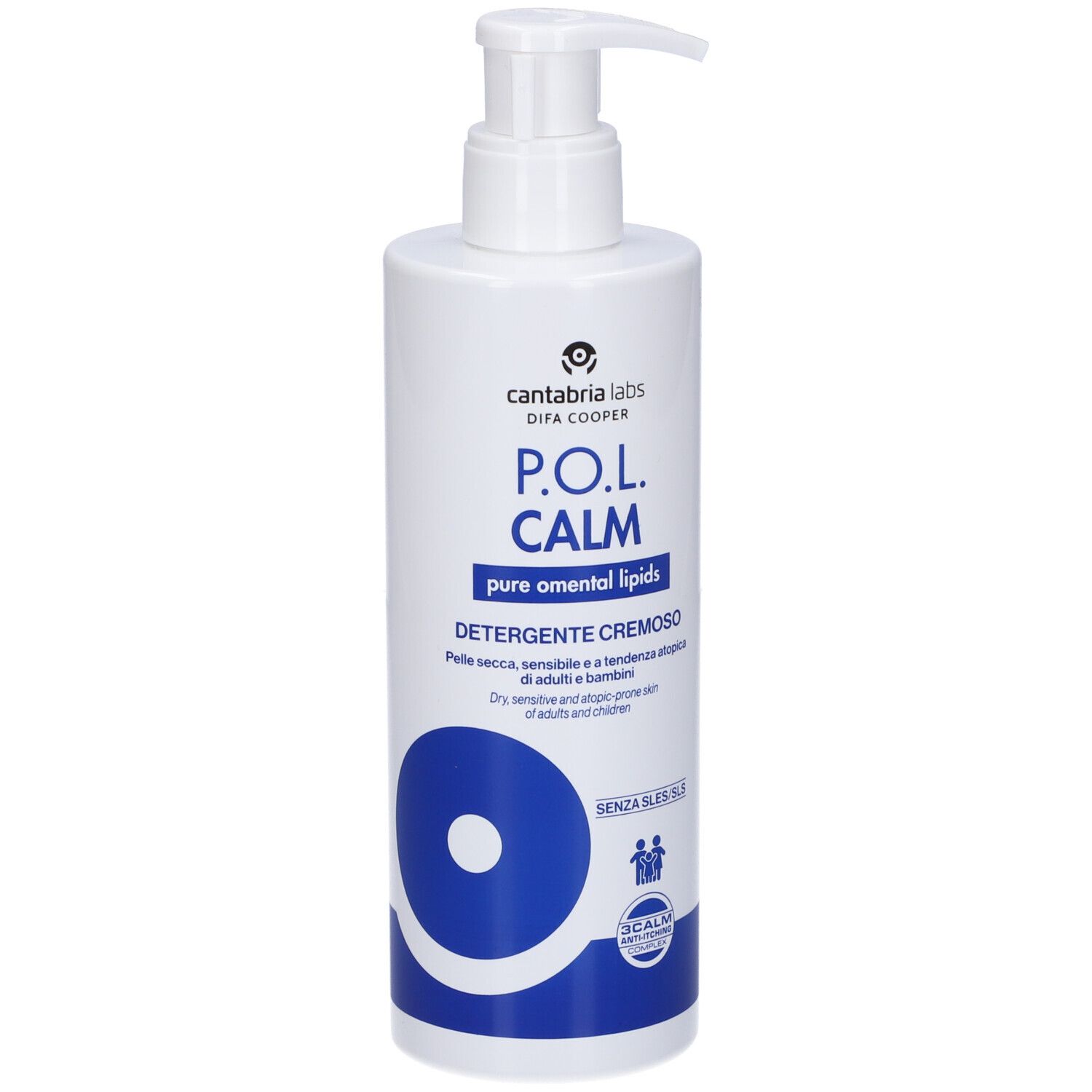 Weiße Pumpeflasche mit P.O.L. CALM Reinigungsmittel, reine omentale Lipide.