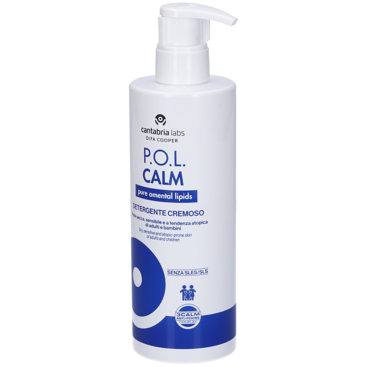 Weiße Pumpeflasche mit P.O.L. CALM pure omental lipids und "Detergente Cremoso" Aufschrift.