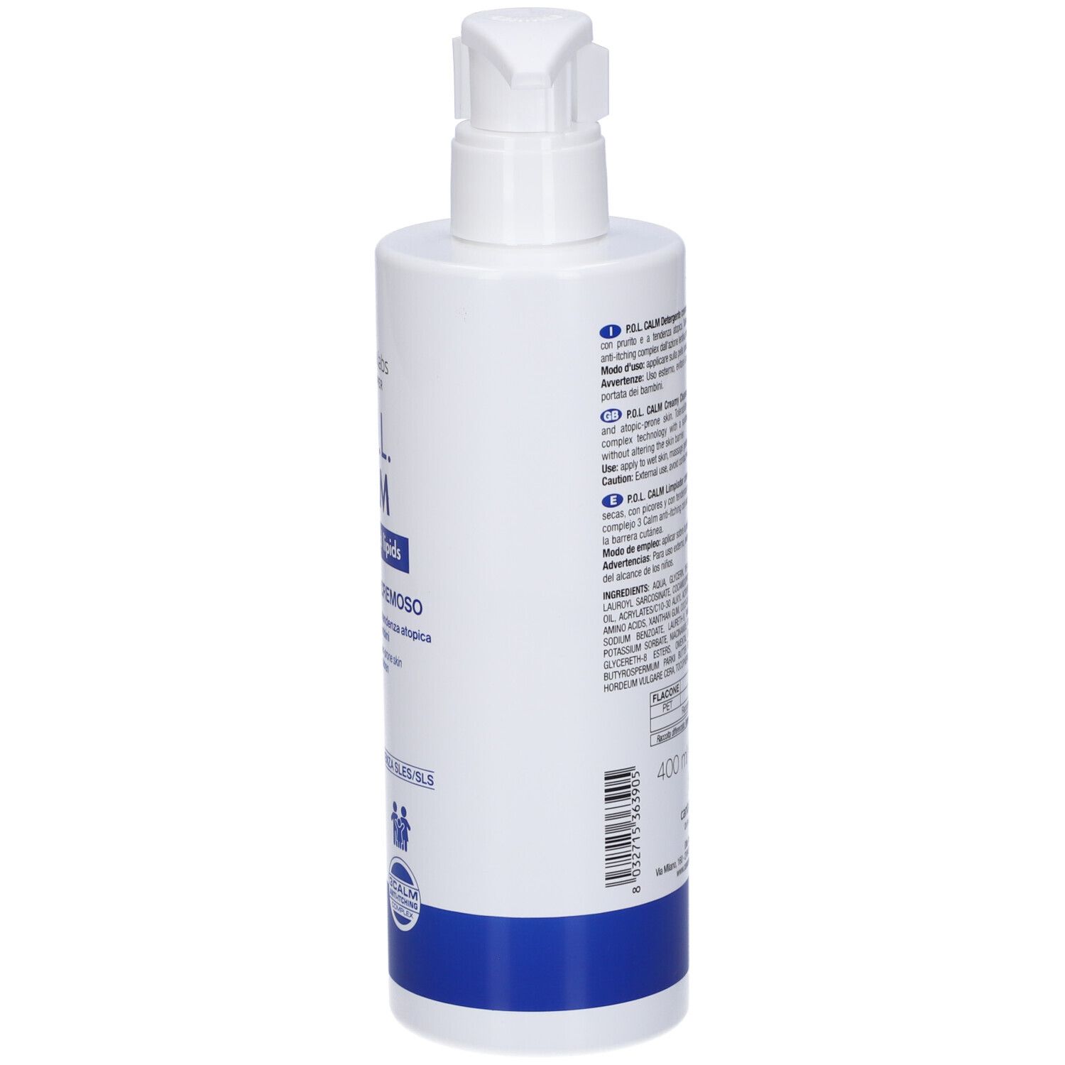 Weiße Pumpflasche mit blauem Etikett und Aufdruck. 400ml.