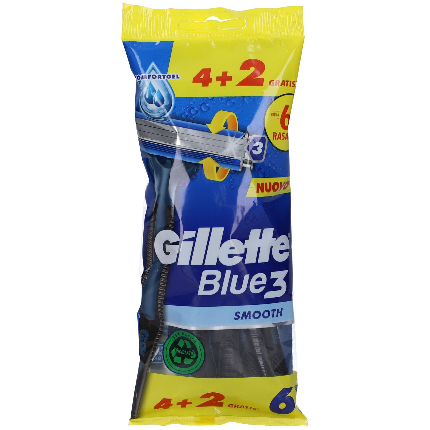 Verpackung mit sechs Rasierklingen. Blaue und gelbe Verpackung mit Produktnamen und Anzahl.