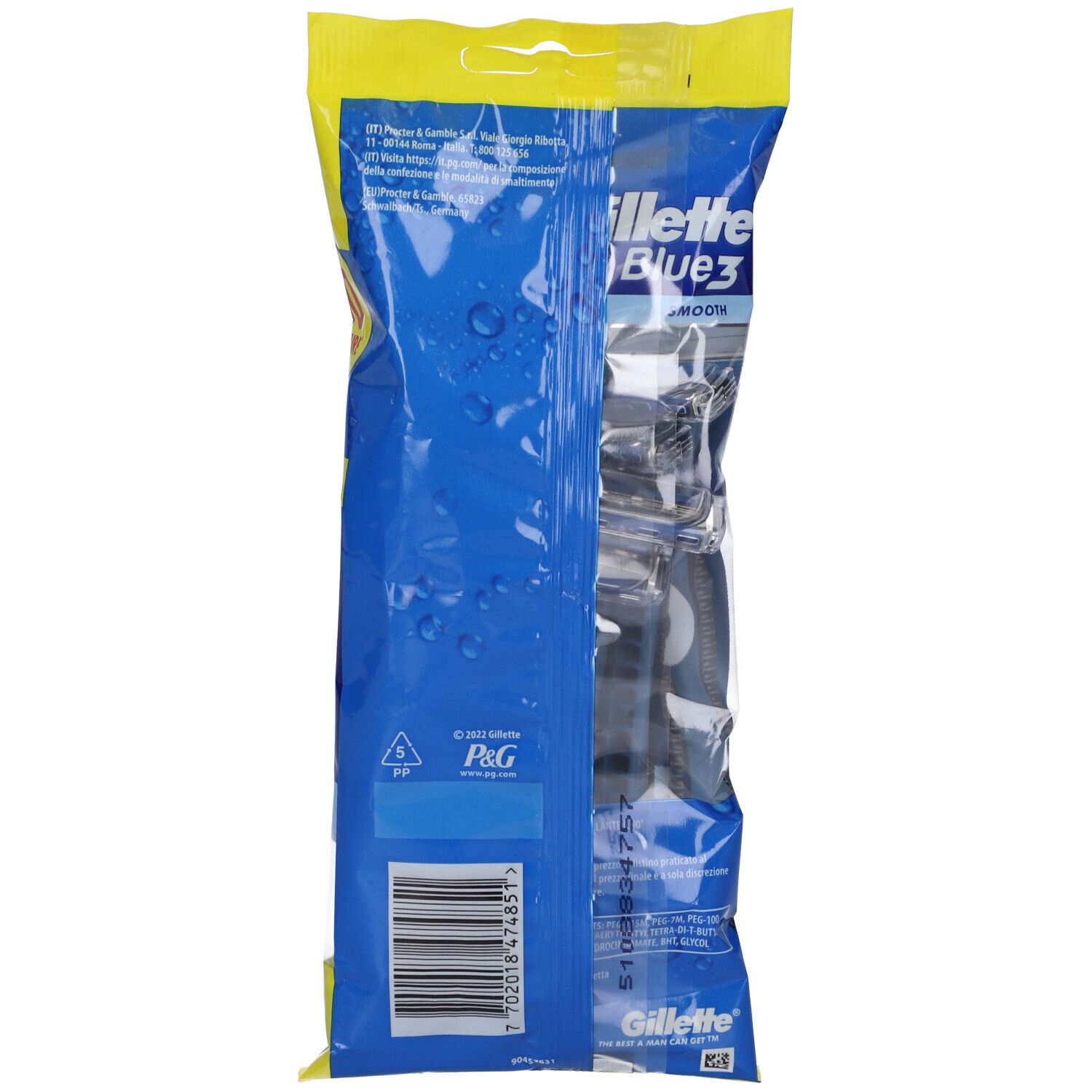Rückseite der Rasierklingenverpackung. Blaue Verpackung mit Produktnamen und Barcode.