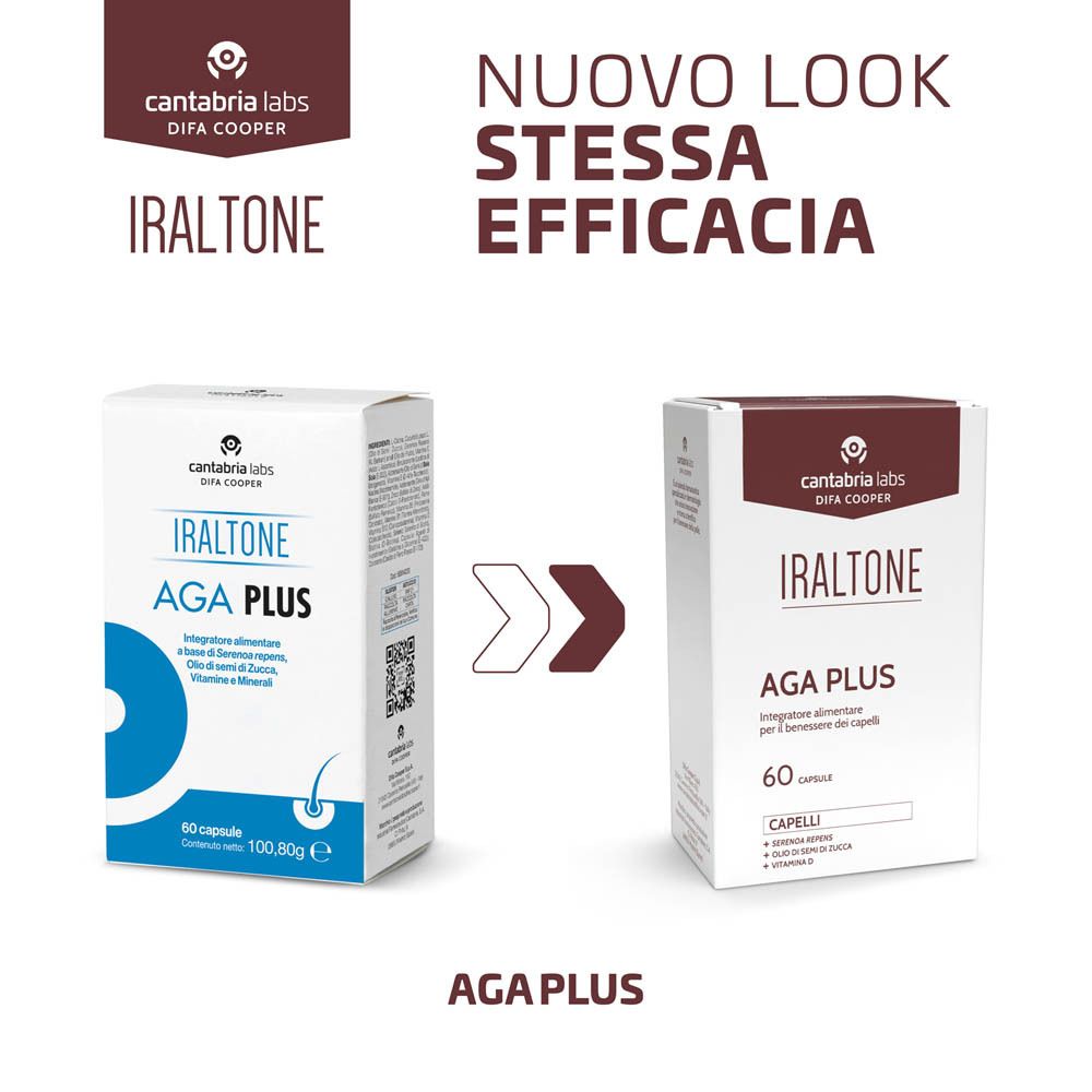 Zwei Packungen Iraltone AGA PLUS, eine ältere und eine neuere Version, beide mit 60 Kapseln.