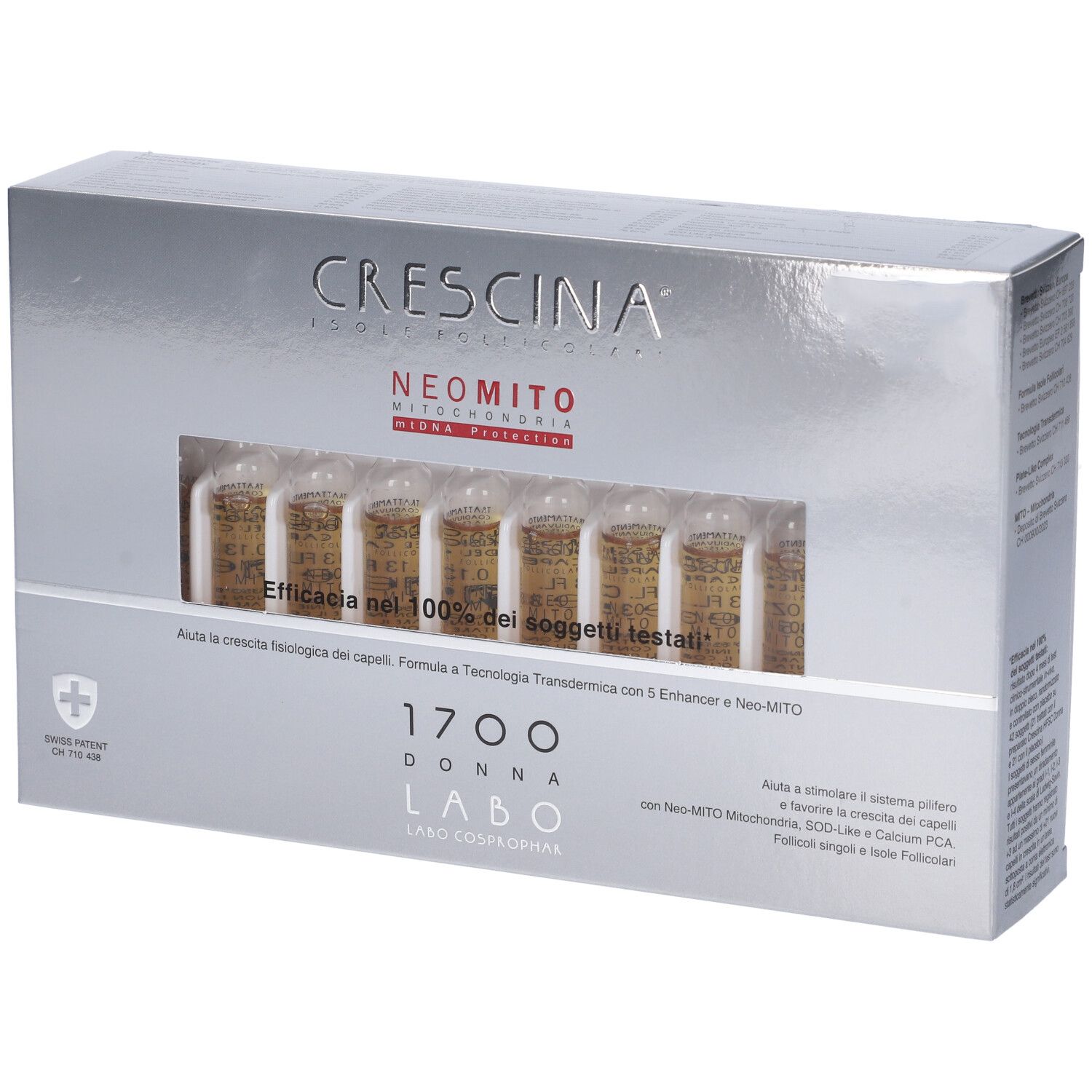 Scatola argentata con fiale visibili. Scritta: Crescina, Neomito, 1700 Donna. Testo: Efficacia nel 100% dei soggetti testati!