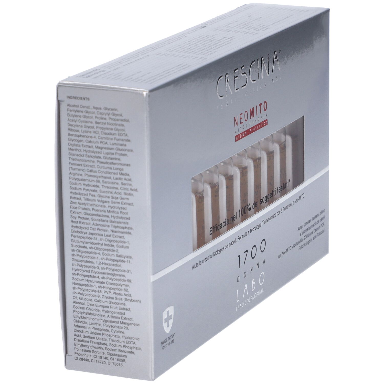 Scatola, vista obliqua. Scritta: Crescina, Neomito, 1700 Donna. Fiale visibili. Testo: Efficacia nel 100% dei soggetti testati!