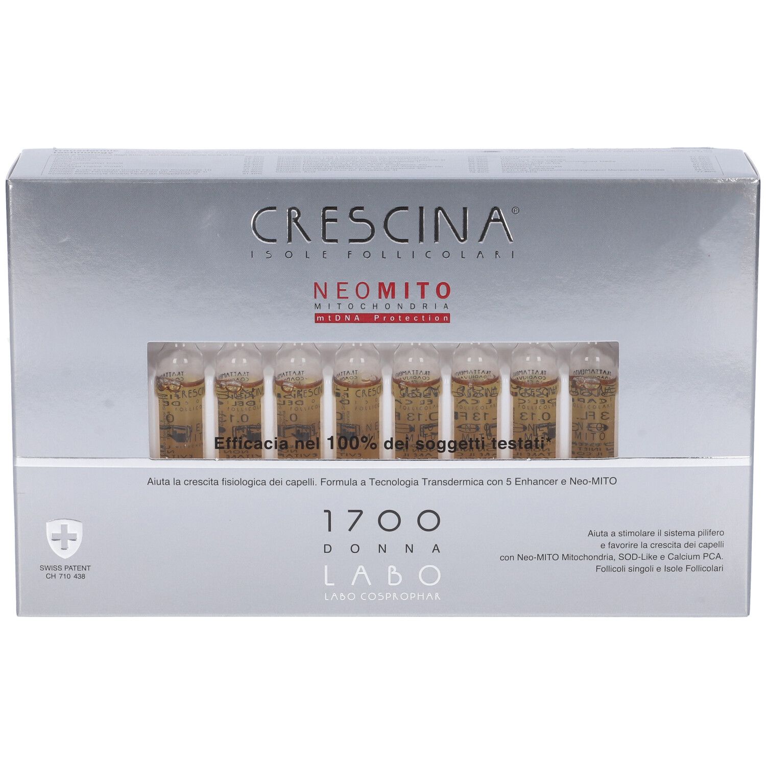Scatola con fiale. Scritta: Crescina, Neomito, 1700 Donna. Fiale gialle visibili. Testo: Efficacia nel 100% dei soggetti testati!